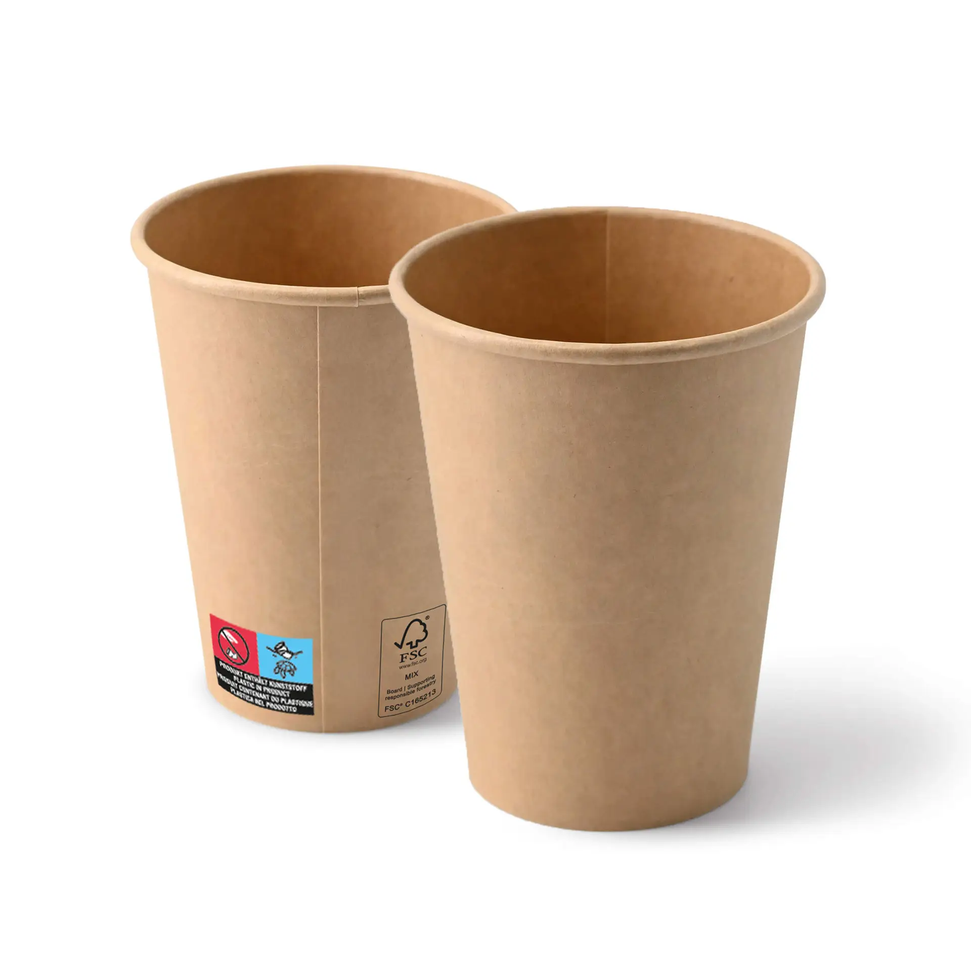 Un gobelet en papier marron avec un revêtement PE, conçu pour servir des boissons ; un autre gobelet similaire visible derrière.