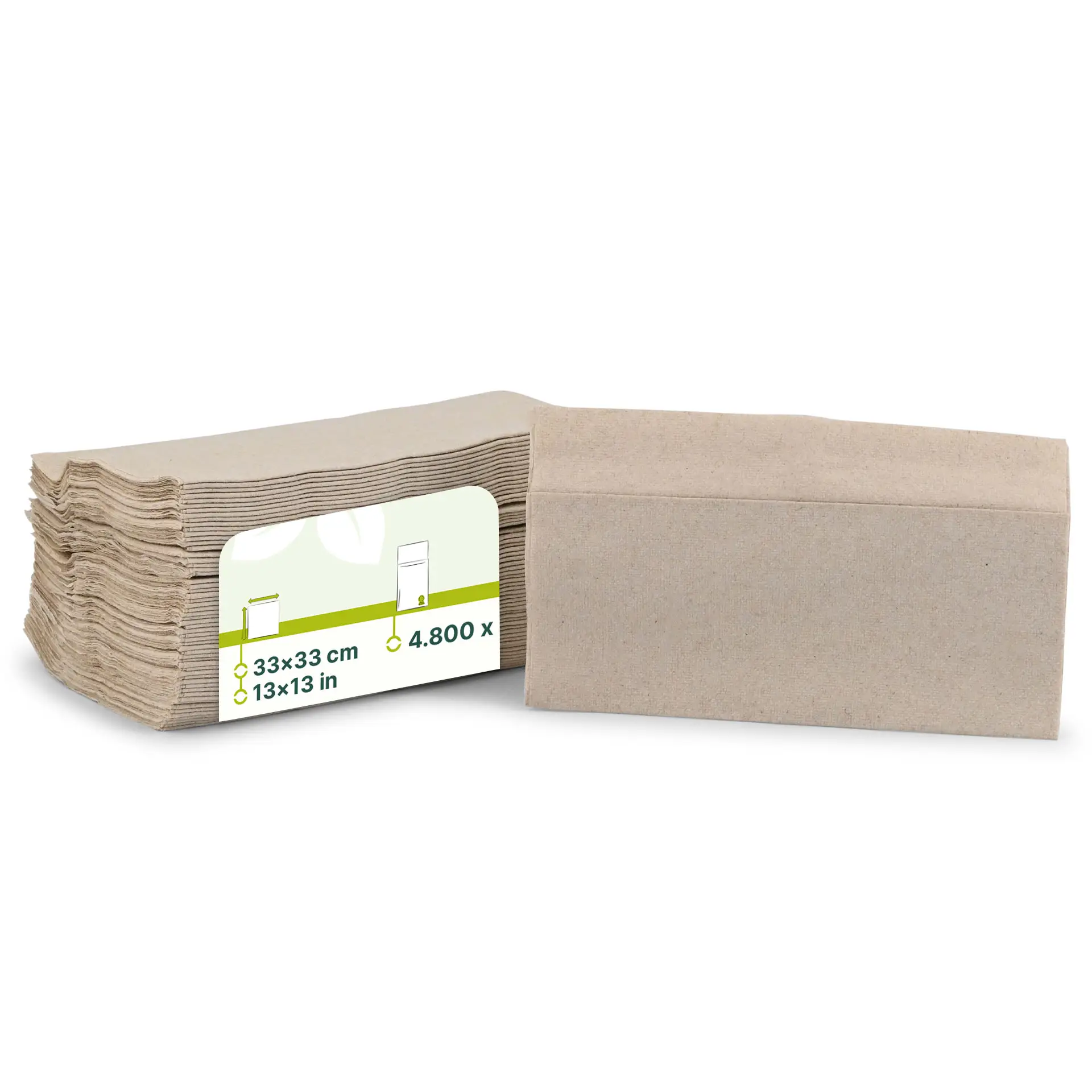 Empilement de serviettes en papier non blanchies, 33 x 33 cm, avec une étiquette montrant les détails du produit et une forme rectangulaire.
