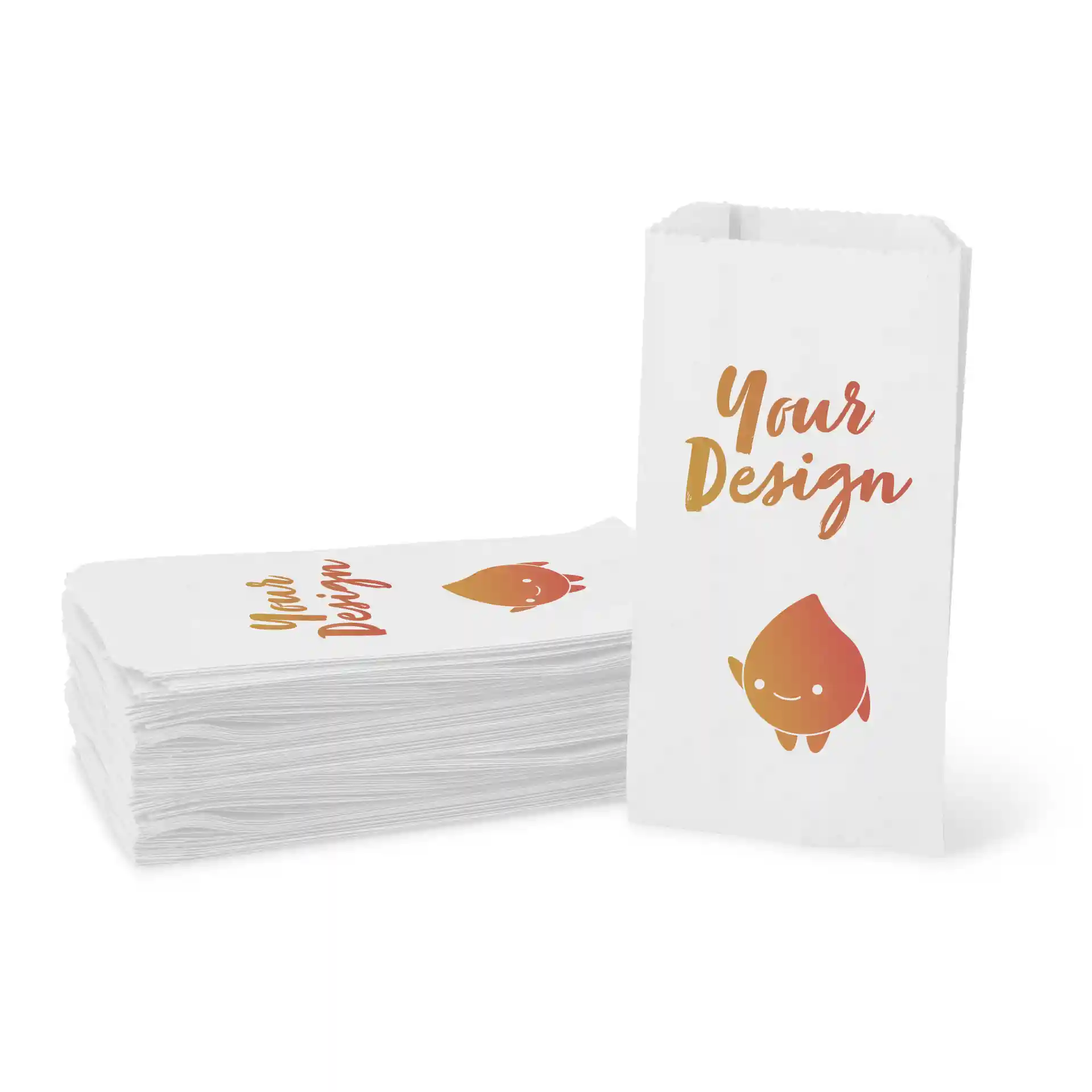 Sacs à pain en carton blanc empilés, un sac debout affichant un design avec le texte 'Votre Design' et un personnage goutte de cartoon.