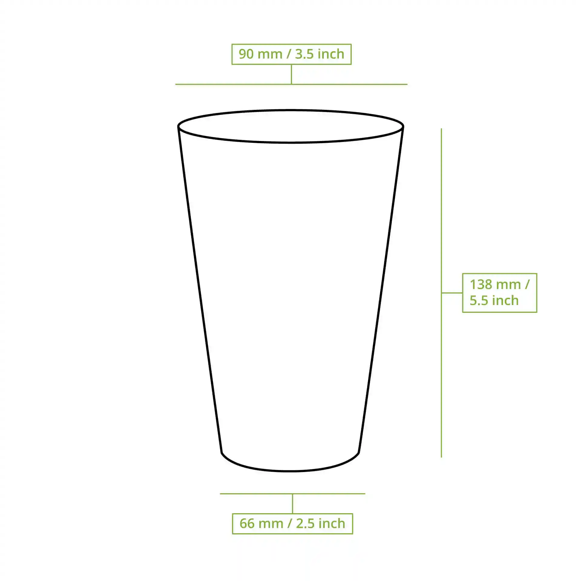 Dessin schématique d'un gobelet réutilisable transparent avec dimensions : hauteur 138 mm, diamètre supérieur 90 mm, diamètre inférieur 66 mm.