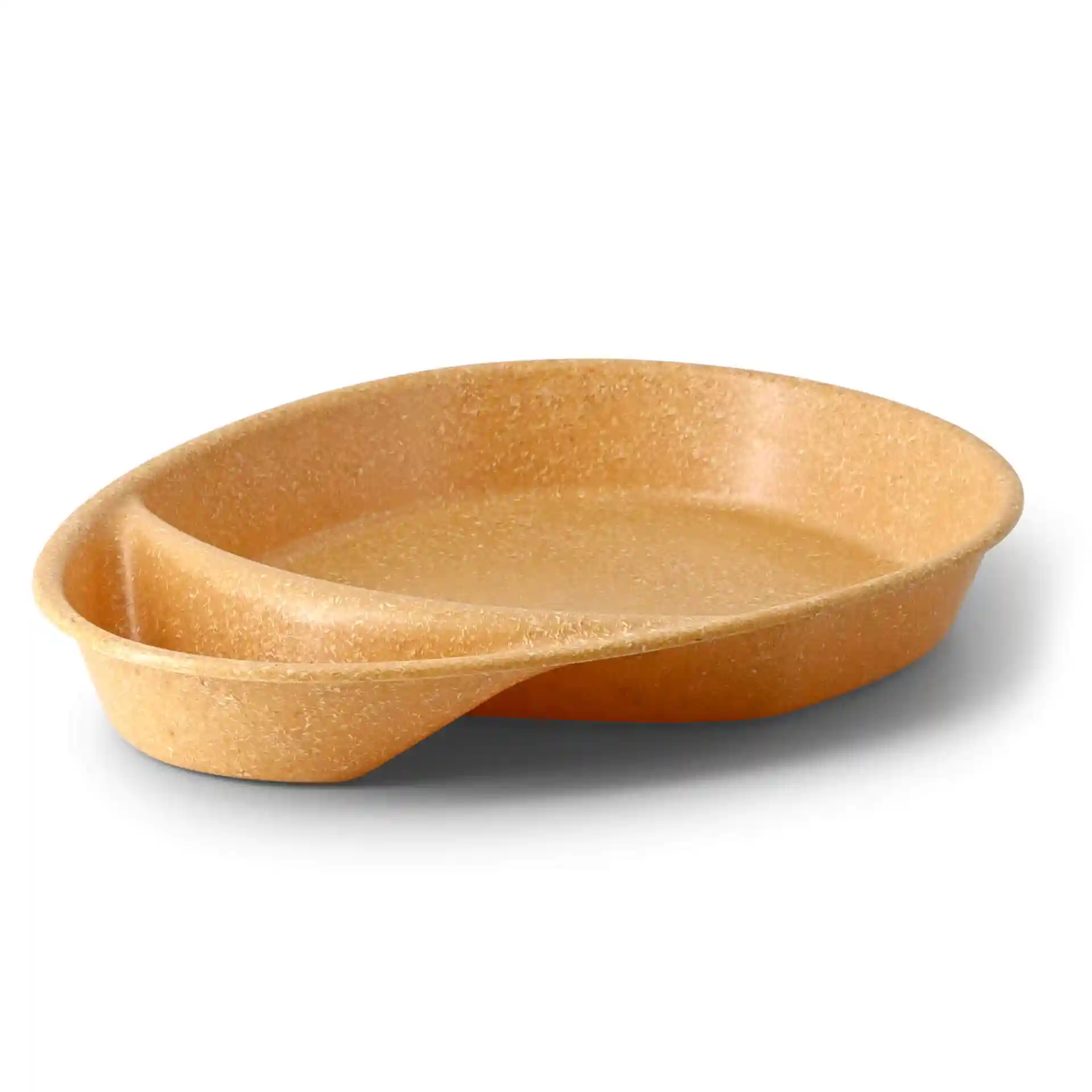 Assiette divisée réutilisable avec deux compartiments, en forme de goutte, couleur caramel, mesurant 27,5 × 20 cm.