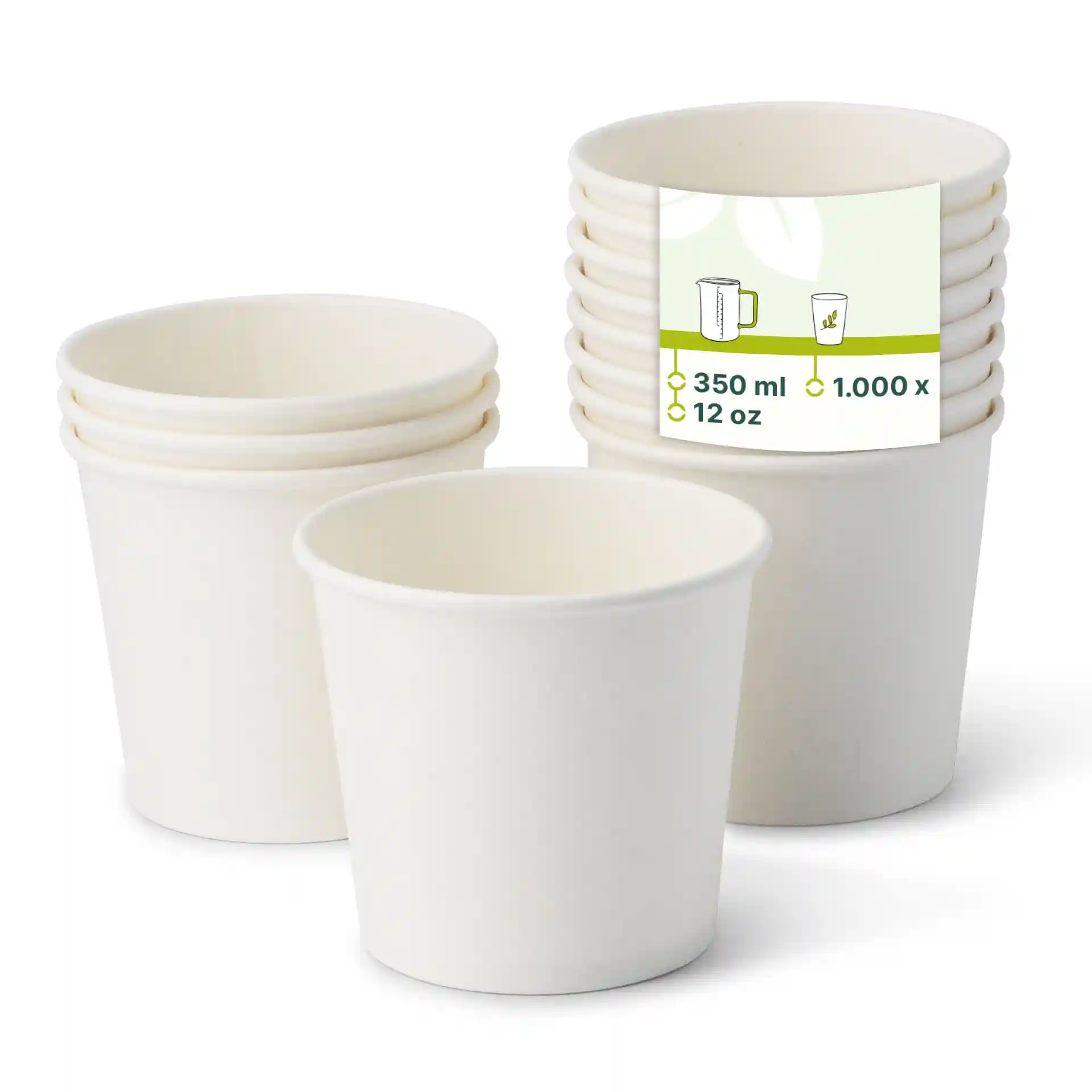 Empilement de pots à glace en papier blanc avec un pot devant, montrant une étiquette avec des détails de capacité.
