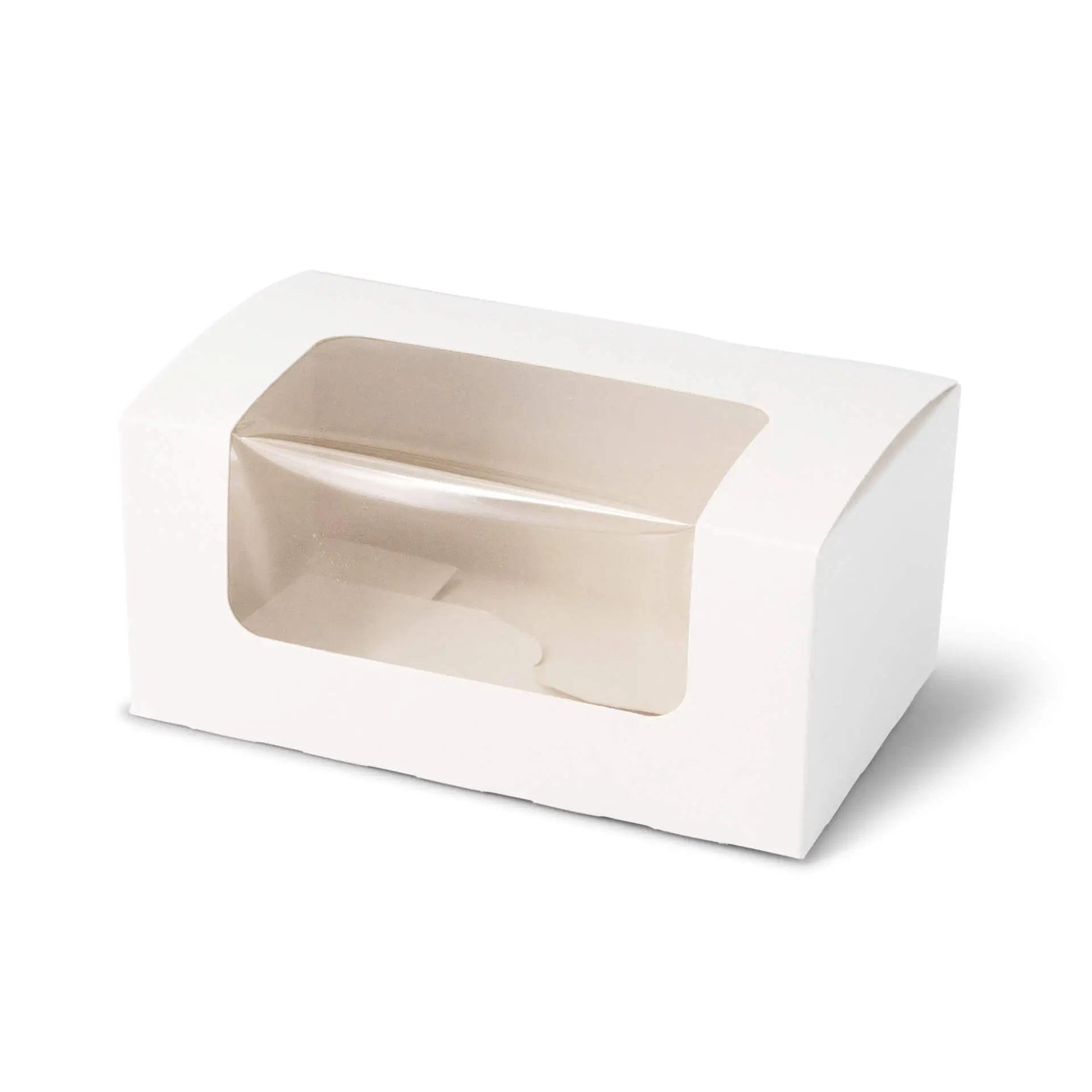 Boîte à cupcakes blanche en 2 parties avec fenêtre en cellulose, adaptée pour cupcakes, muffins et autres petites pâtisseries.