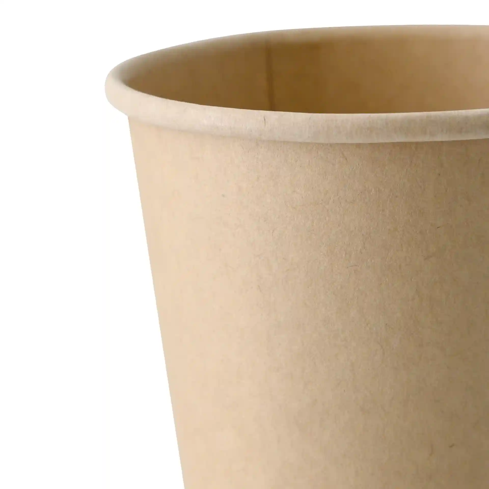 Gobelet en papier brun à paroi simple, capacité de 200 ml, montrant le bord supérieur et l'intérieur.