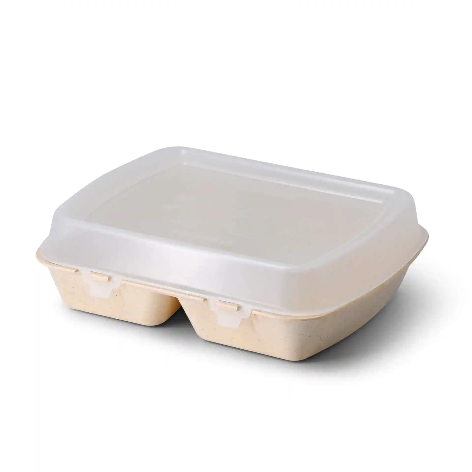 Conteneur de repas réutilisable profond avec deux compartiments, couleur blanc crème et couvercle transparent.