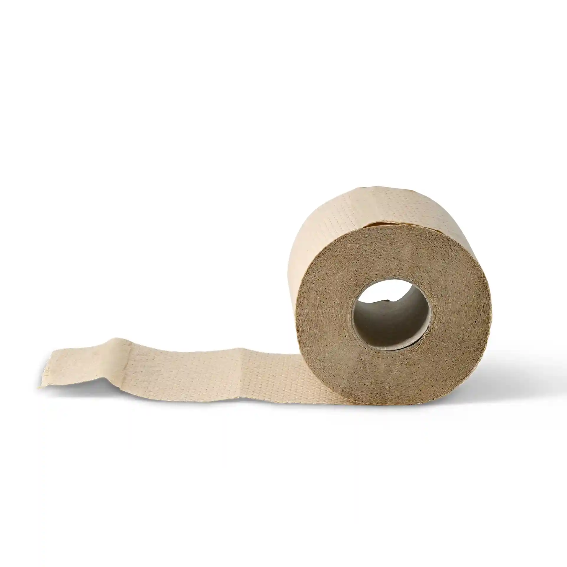 Rouleau de papier toilette brun à 2 plis en papier recyclé, avec 300 feuilles visibles et partiellement déroulées.