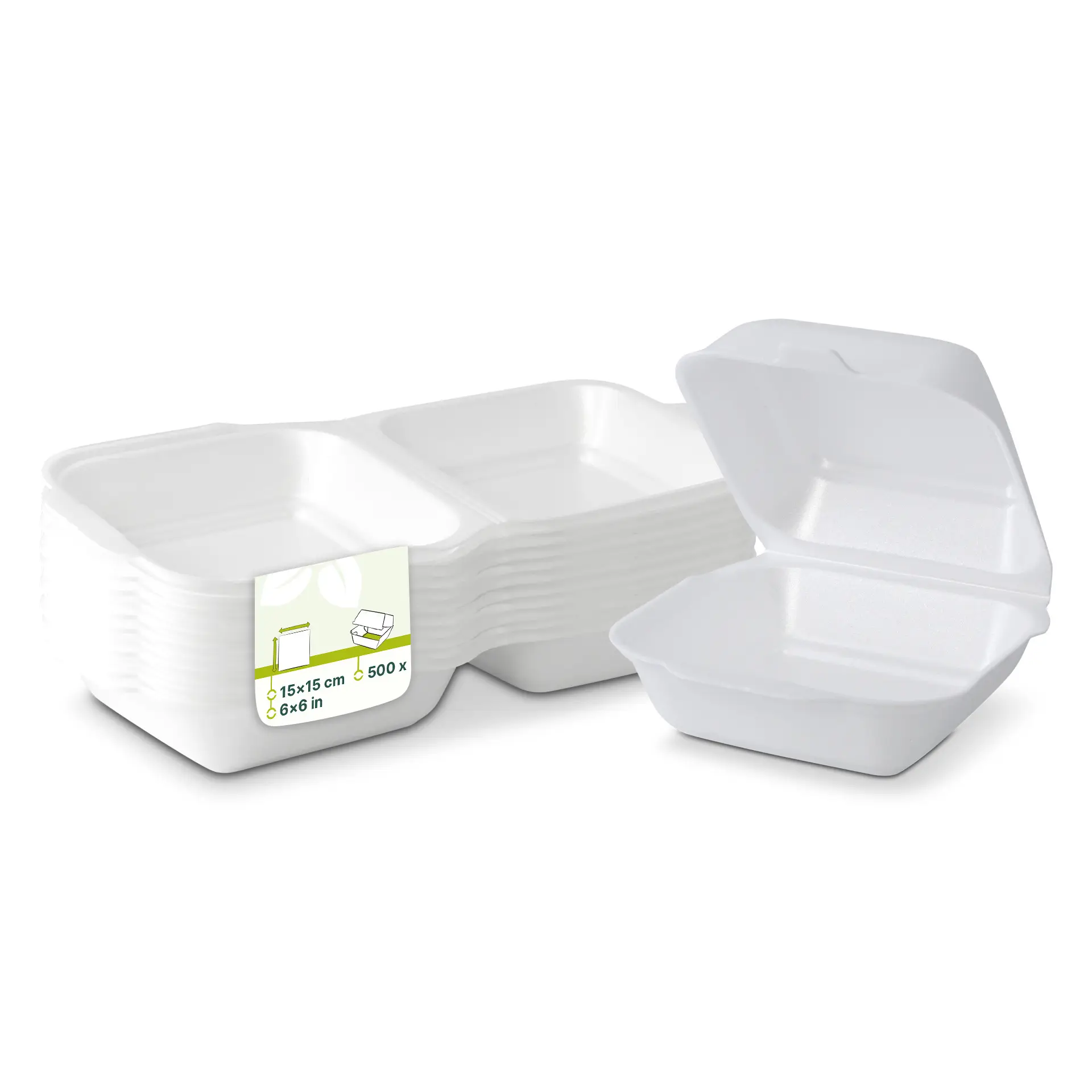 Pile de récipients alimentaires carrés blancs avec couvercle ouvert, mesurant 15x15 cm, avec une étiquette indiquant 500 unités.