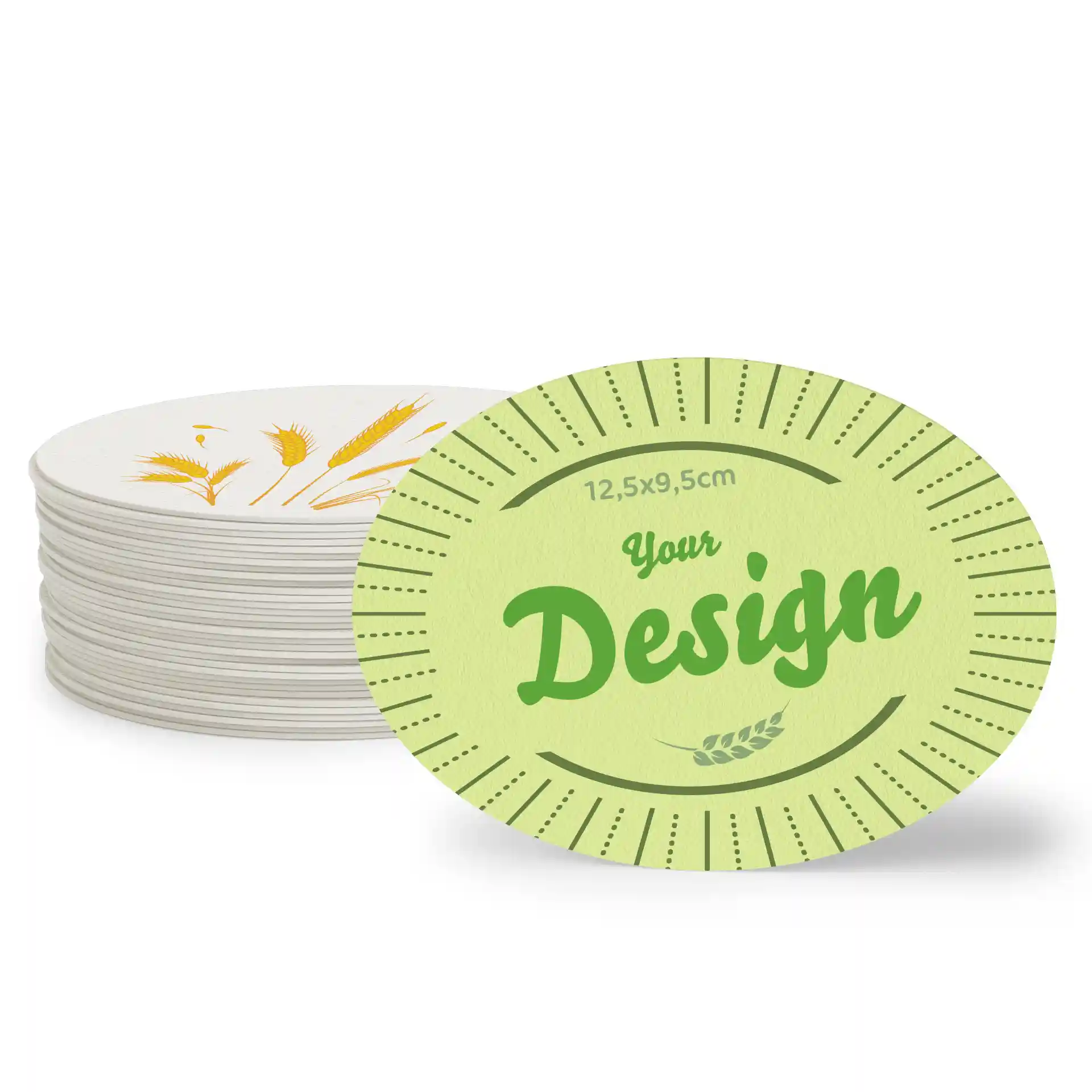 Sous-verres ovales imprimés, 12,5 x 9,5 cm, avec une pile de sous-verres et un design vert avec texte et illustrations de blé.