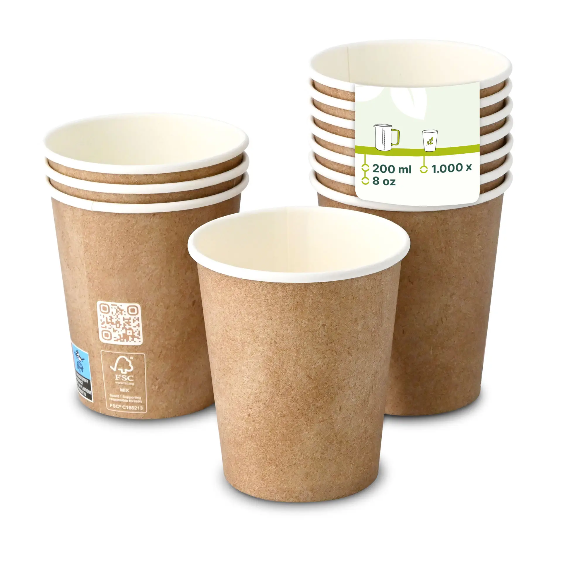Gobelets en papier brun avec revêtement intérieur blanc, simple paroi, capacité de 200 ml, empilés avec un gobelet devant.