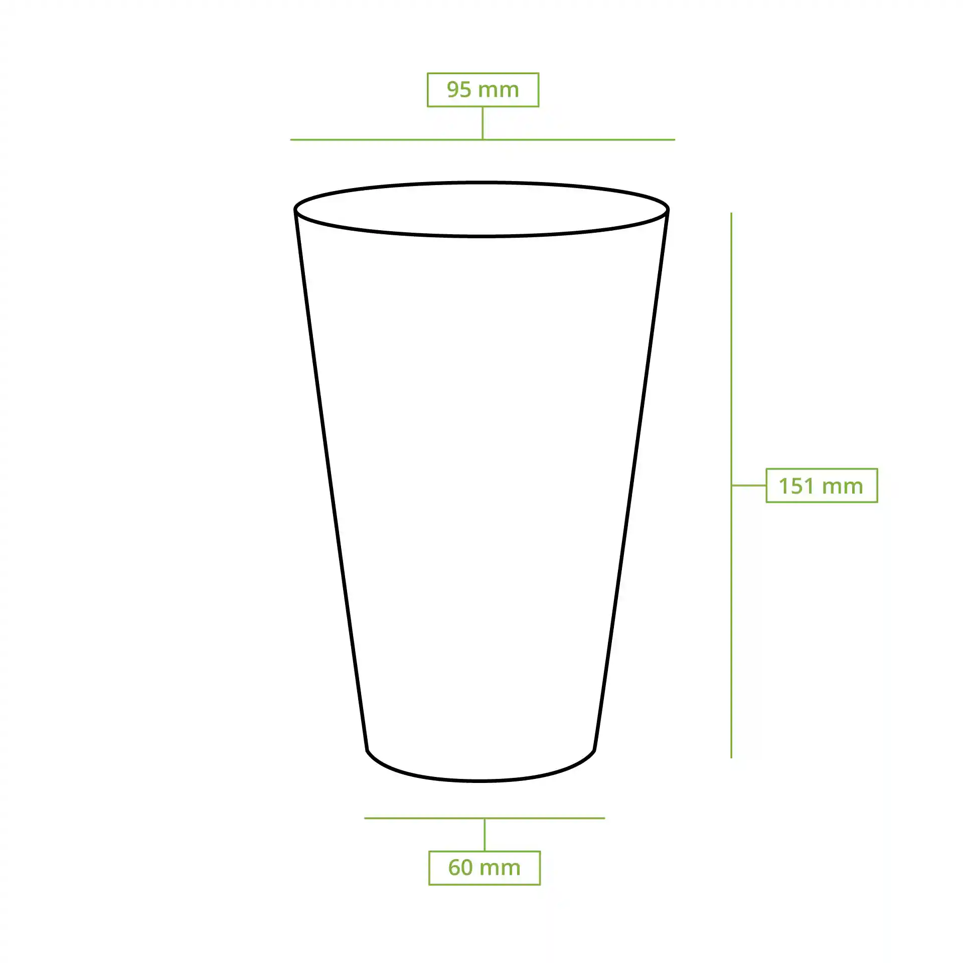 Dessin schématique d'un gobelet transparent avec dimensions : hauteur 151 mm, diamètre supérieur 95 mm, diamètre inférieur 60 mm.