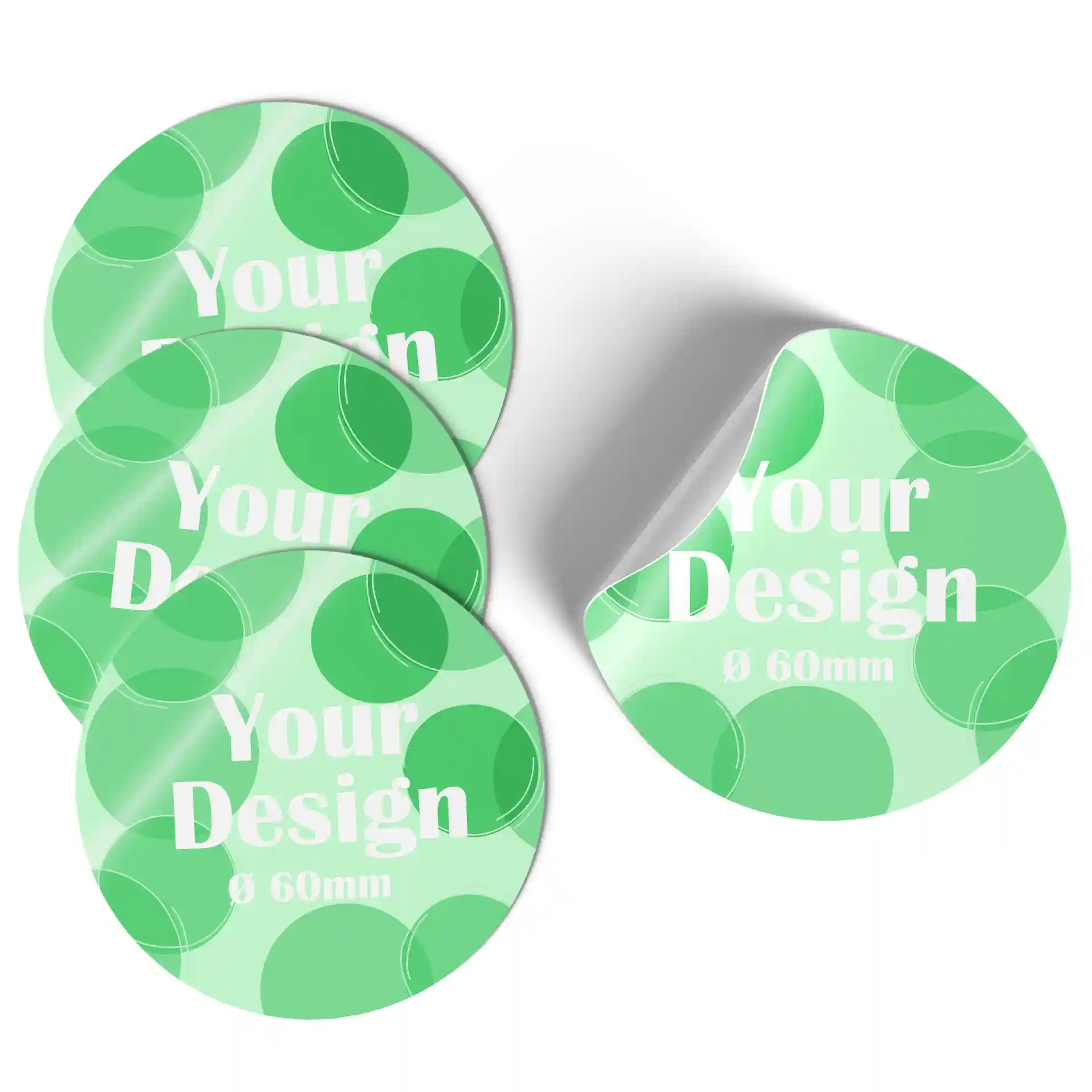 Étiquettes rondes imprimées avec un design vert, mesurant 60 mm de diamètre, présentées en pile.