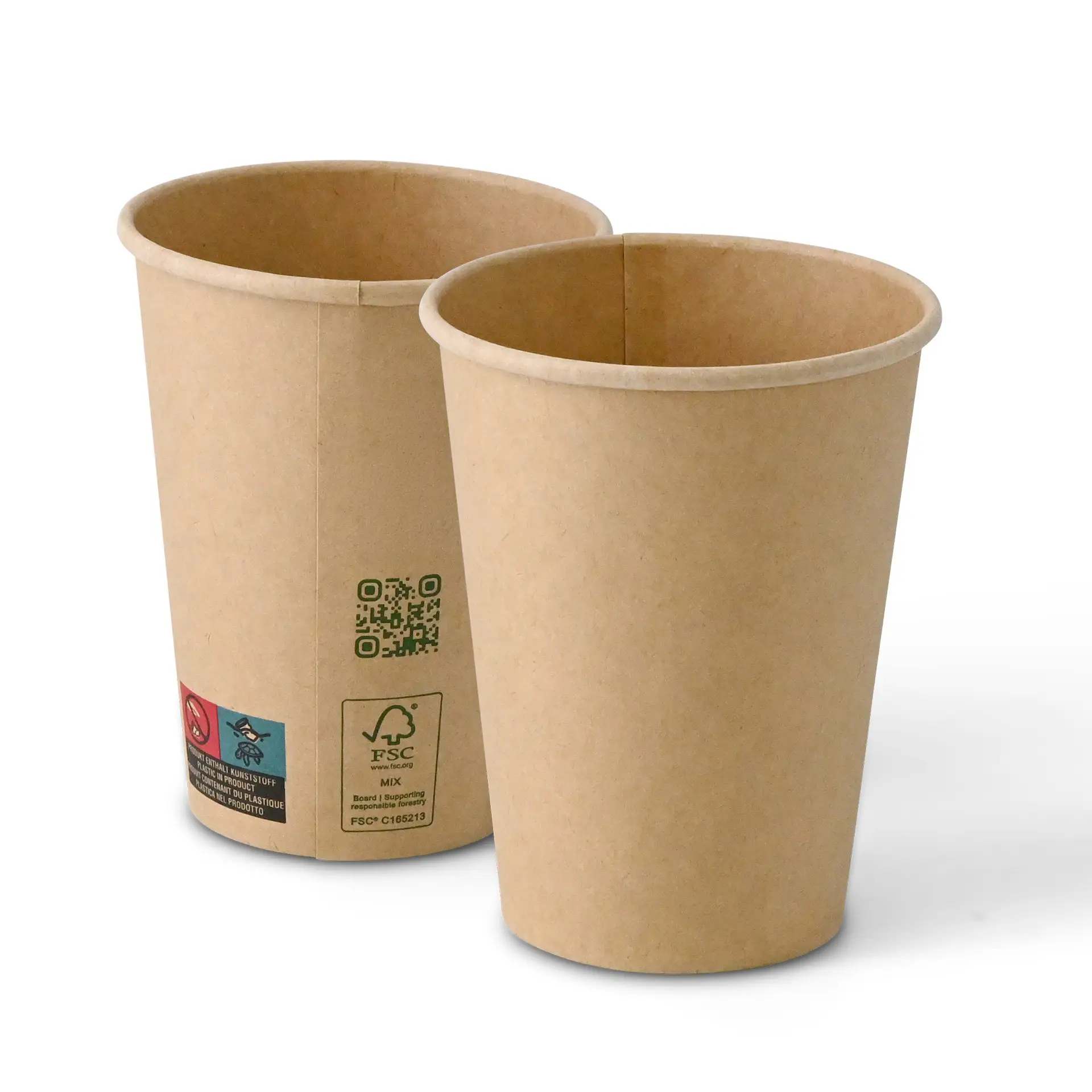 Gobelets en papier marron, capacité de 300 ml, simple paroi, avec un diamètre de 90 mm, montrés sous différents angles.