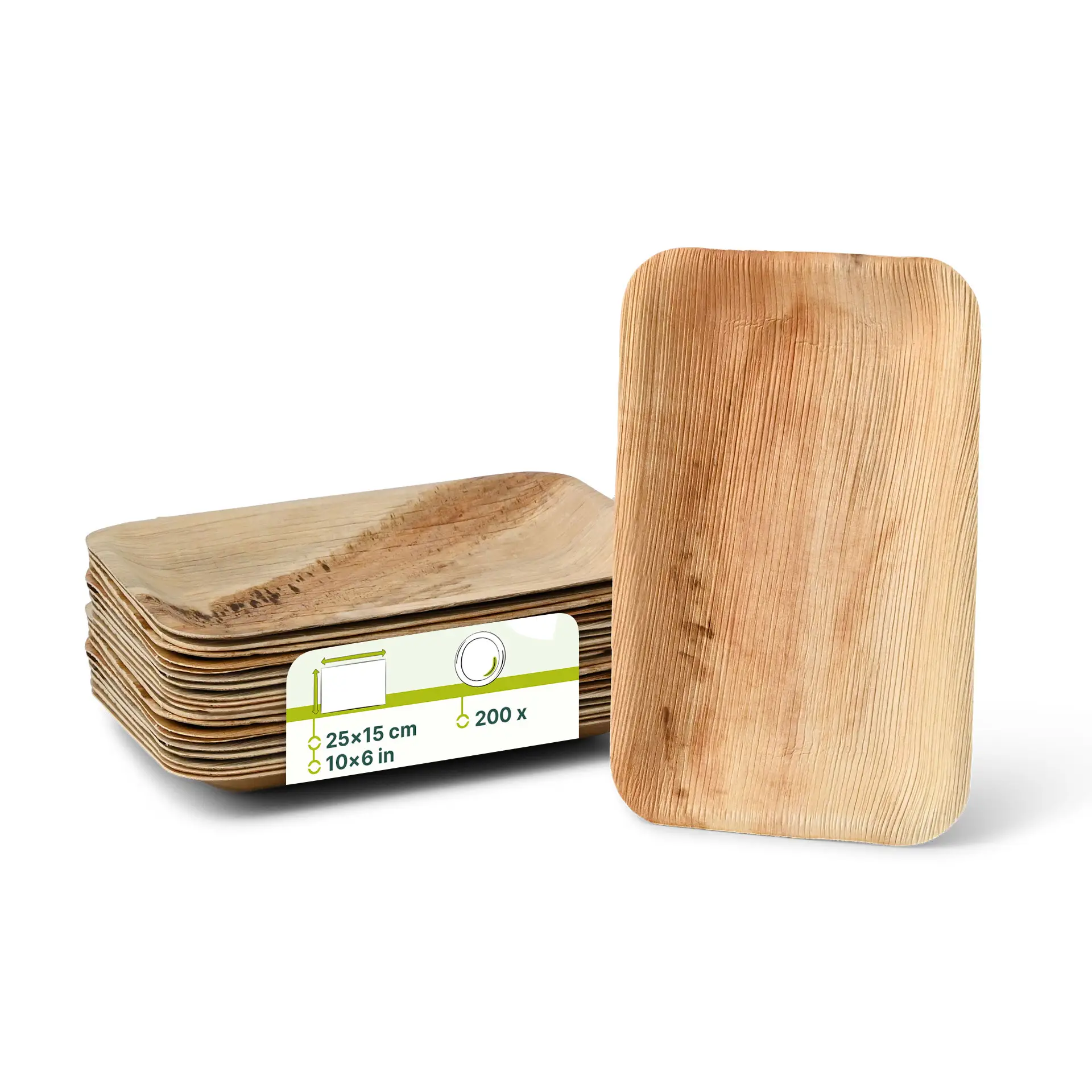 Empilement d'assiettes jetables en feuille de palmier, forme rectangulaire, 25 x 15 cm, avec une assiette affichée verticalement.