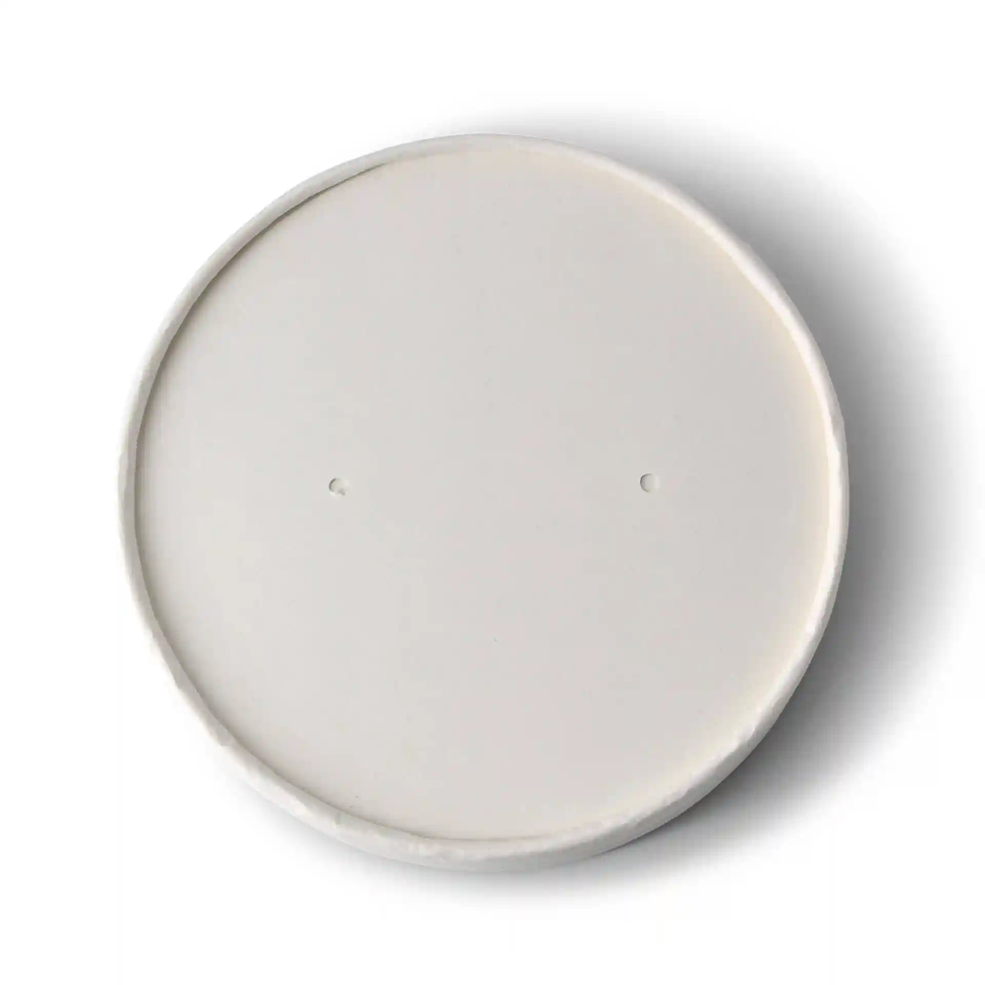 Couvercle rond en carton blanc d'un diamètre de 118 mm avec deux petits trous à la surface.