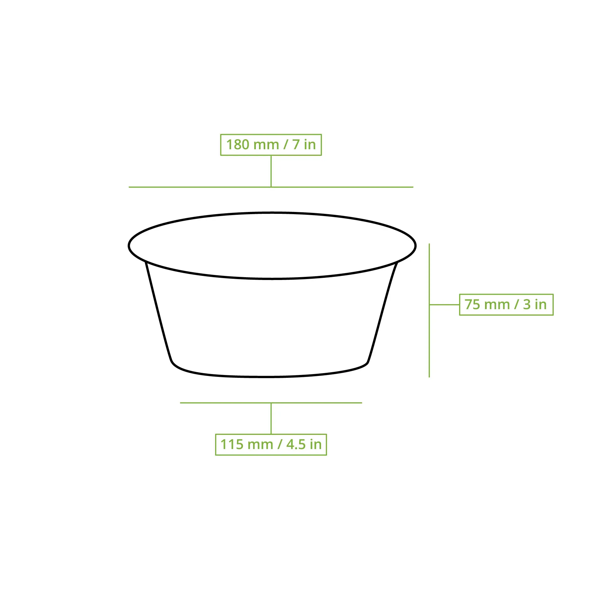 Conteneur noir réutilisable de 180 mm de diamètre et 75 mm de hauteur; adapté pour des plats chauds et froids, et passe au micro-ondes et au lave-vaisselle.
