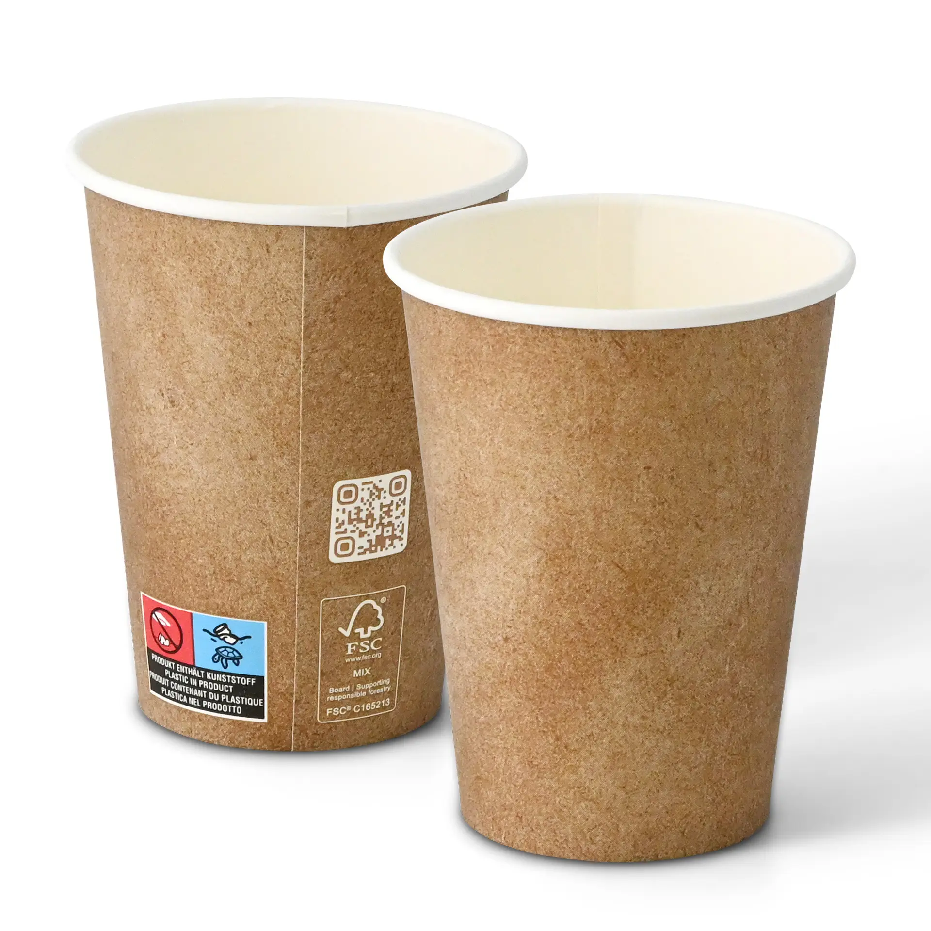 Un gobelet en papier brun avec une couche intérieure blanche, revêtu de PLA pour boissons chaudes et froides ; un autre gobelet partiellement visible derrière.