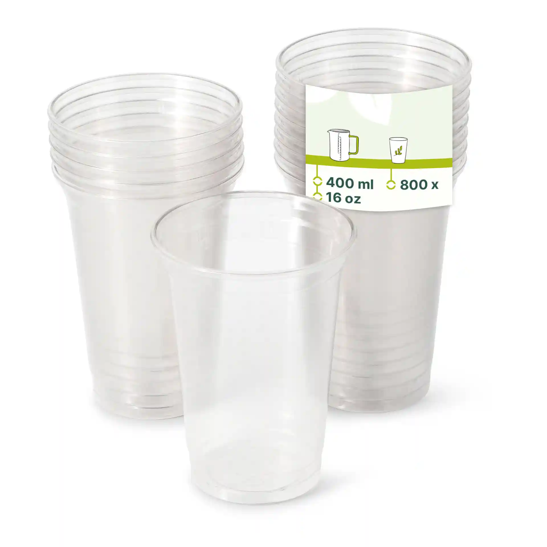Gobelets transparents de 16 oz en rPET empilés avec une étiquette indiquant la capacité et la quantité.