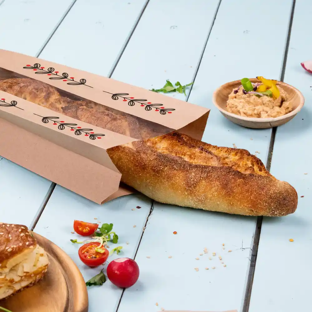 Baguette dans un sac en papier imprimé avec des tomates cerises et un plat de tartinade sur une surface en bois bleu.
