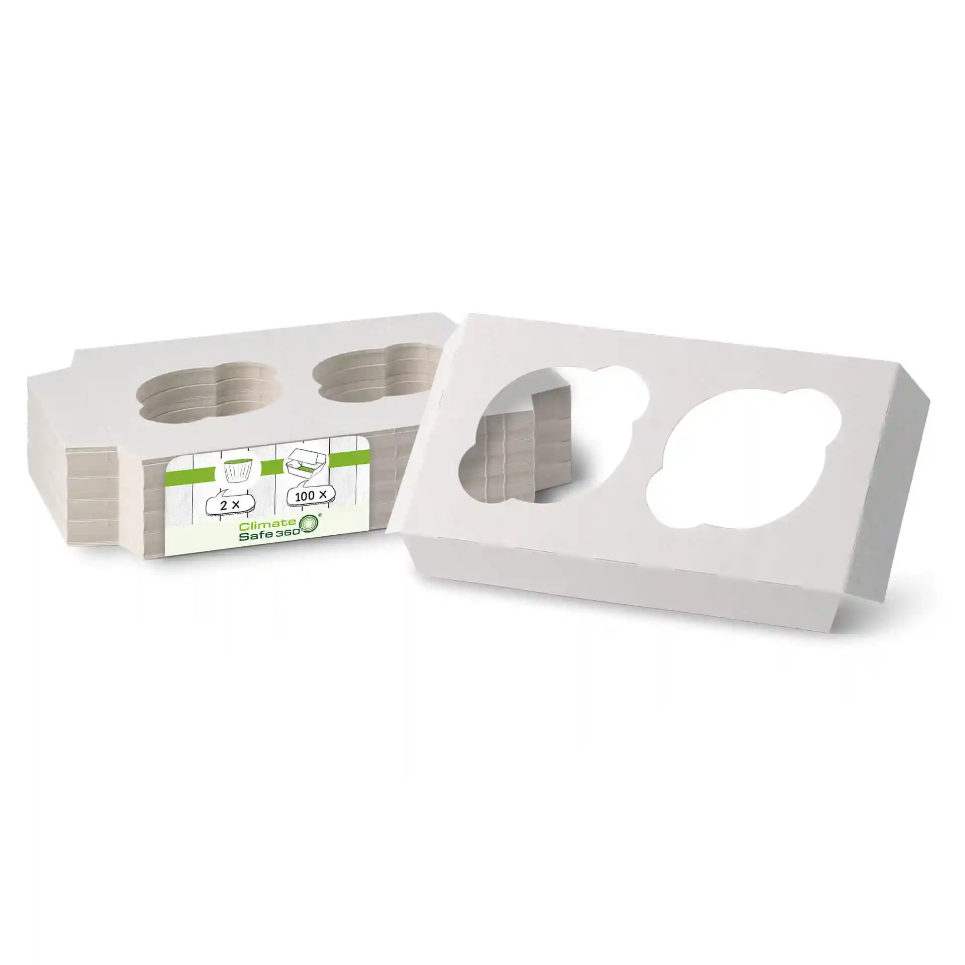 Inserts en carton pour boîtes à cupcakes en blanc crème, avec deux sections découpées, empilés à plat.