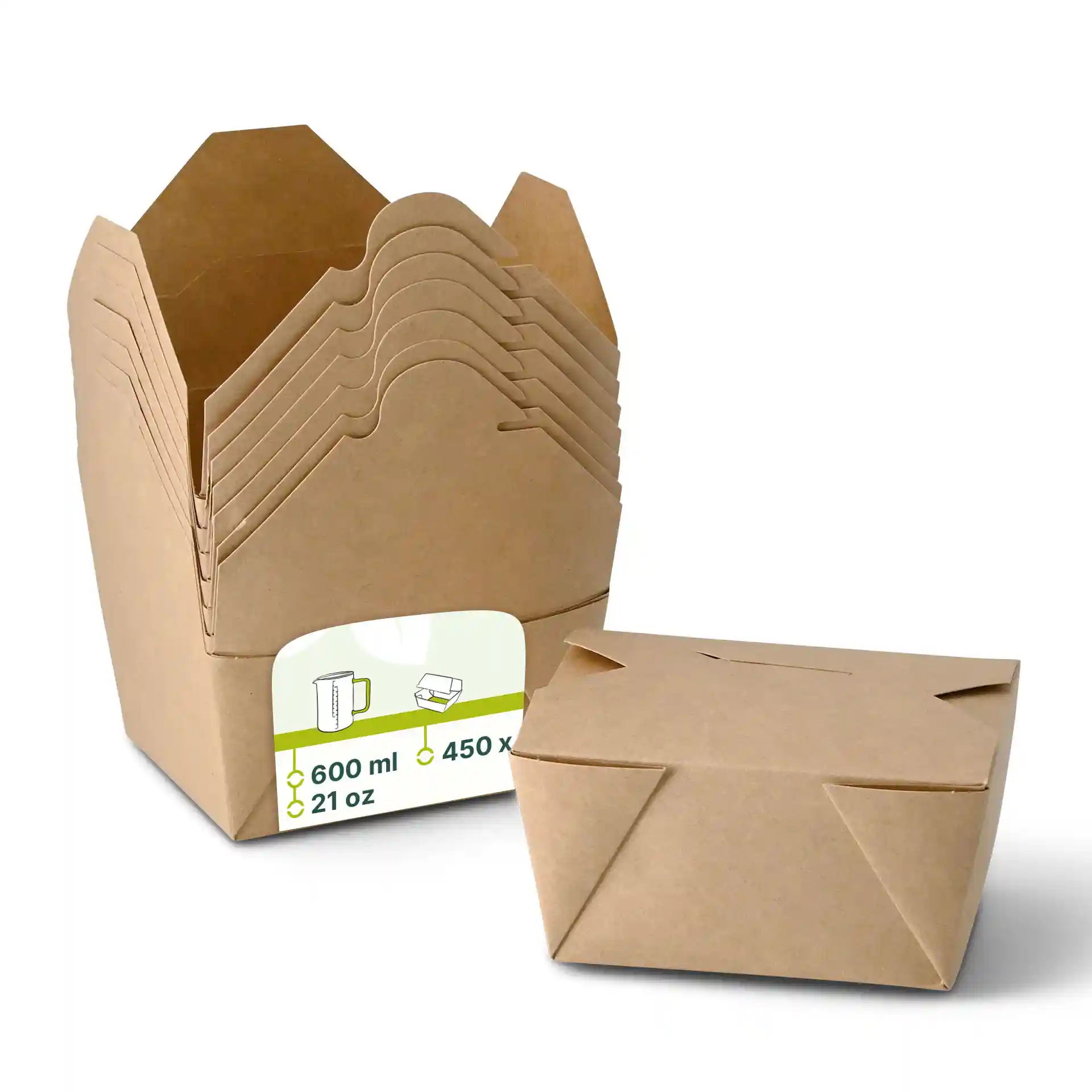 Boîtes en carton à emporter brunes empilées, avec une boîte devant, montrant les dimensions et l'étiquette de volume.
