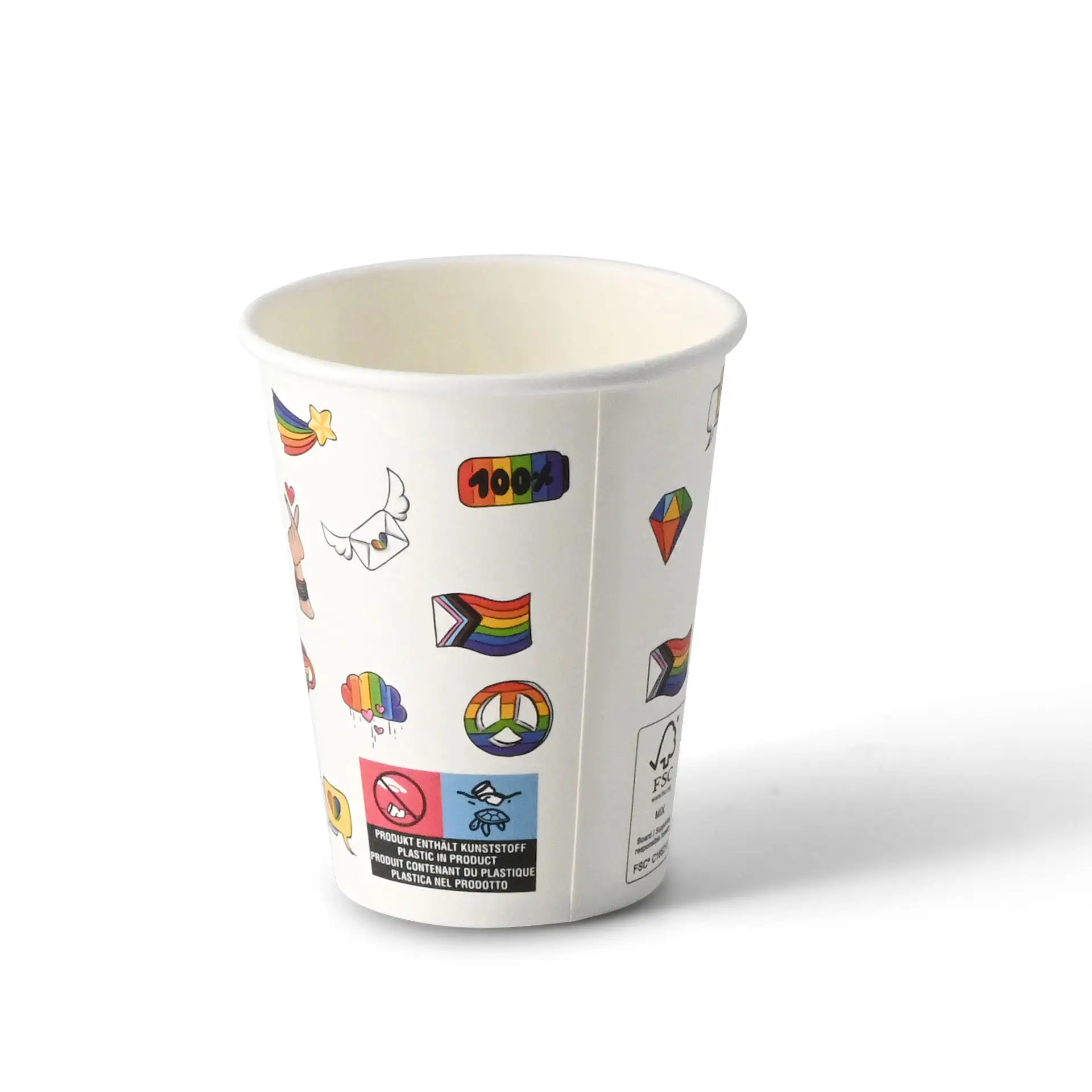 Un gobelet en papier blanc avec un thème "Pride", orné d'icônes colorées, adapté pour les boissons à emporter.