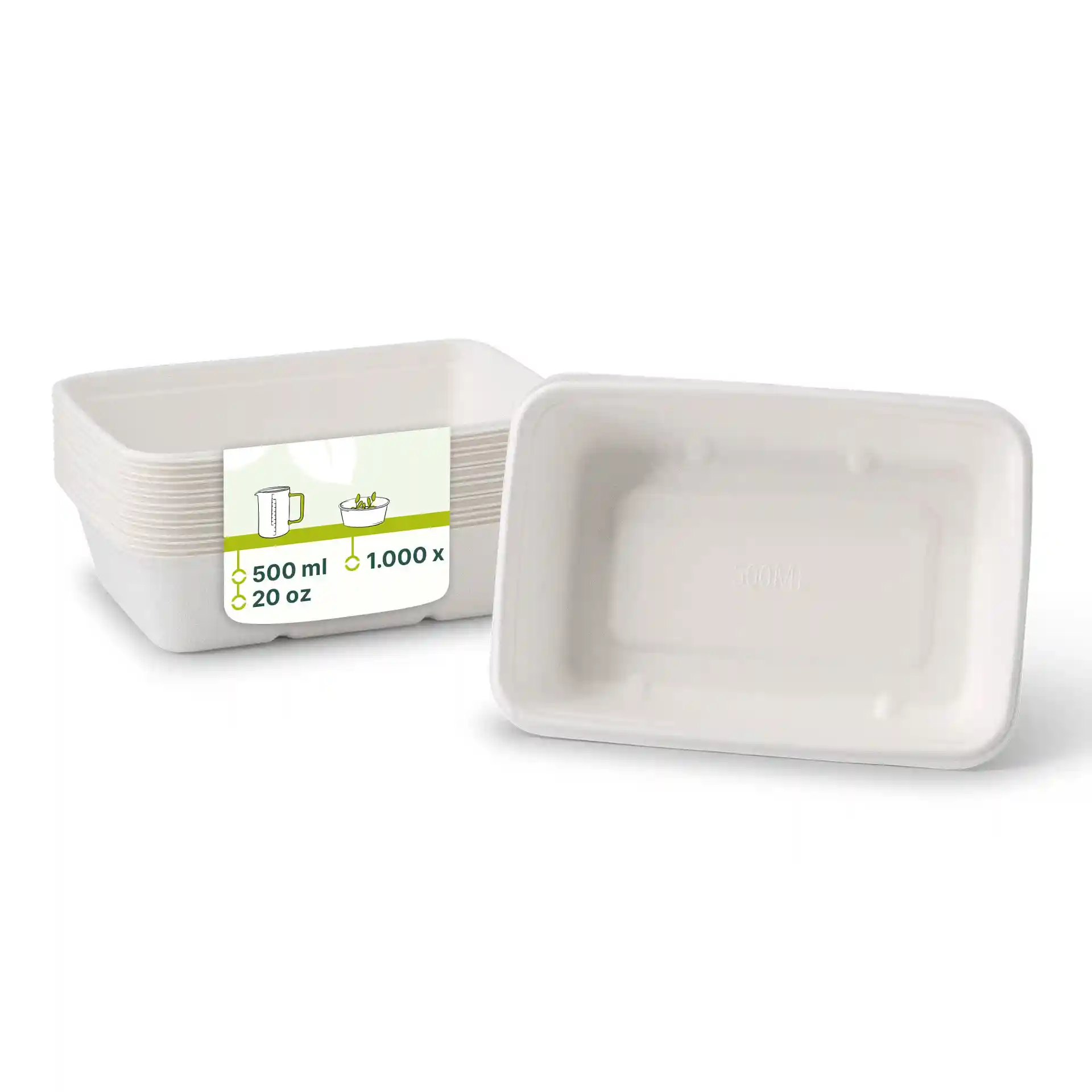 Bols rectangulaires en canne à sucre blancs, 17 x 12 x 5 cm, d'une capacité de 500 ml, présentés empilés avec une étiquette.