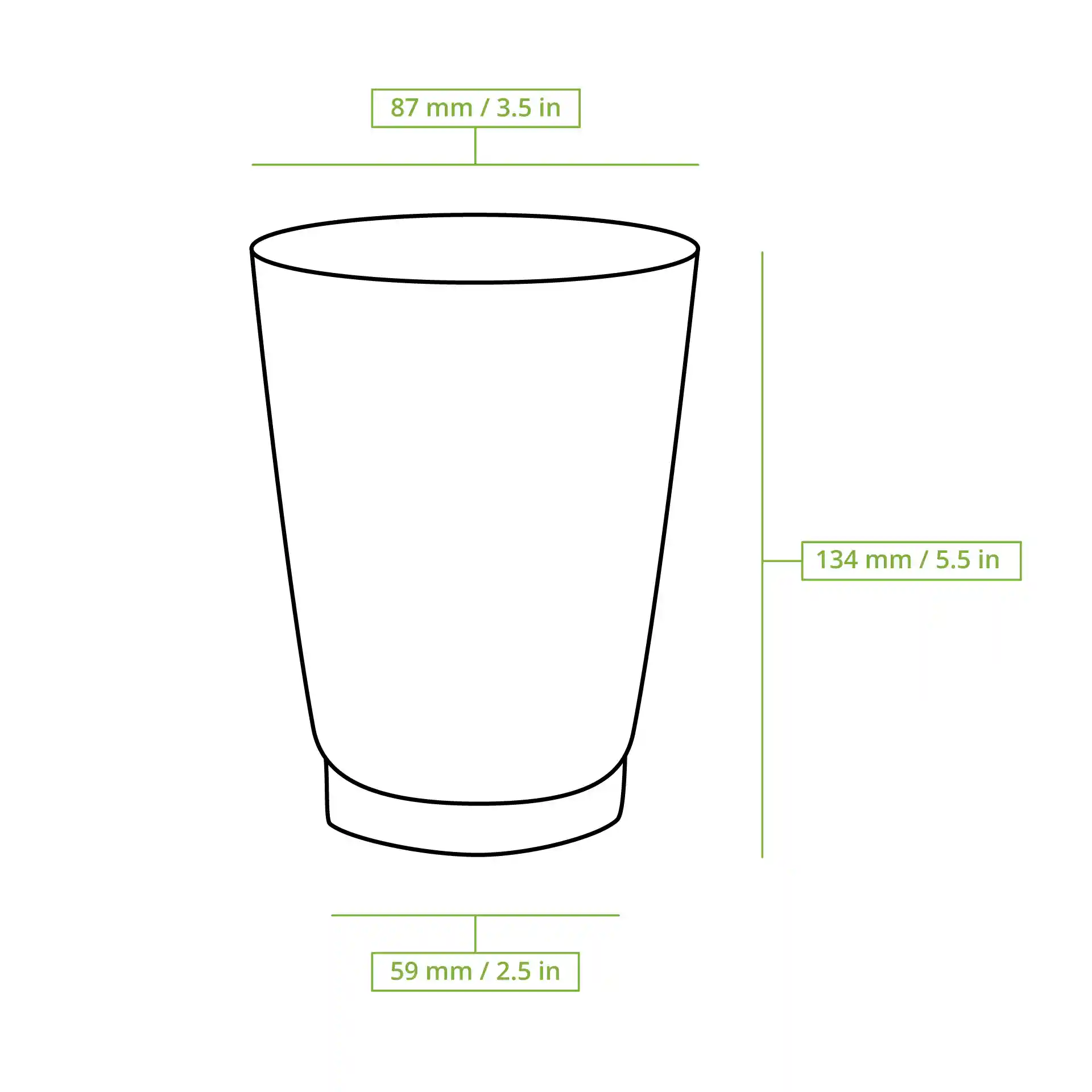 Dessin schématique d'un gobelet strié avec des lignes de dimension montrant une hauteur de 134 mm, un diamètre supérieur de 90 mm et un diamètre de base de 59 mm.