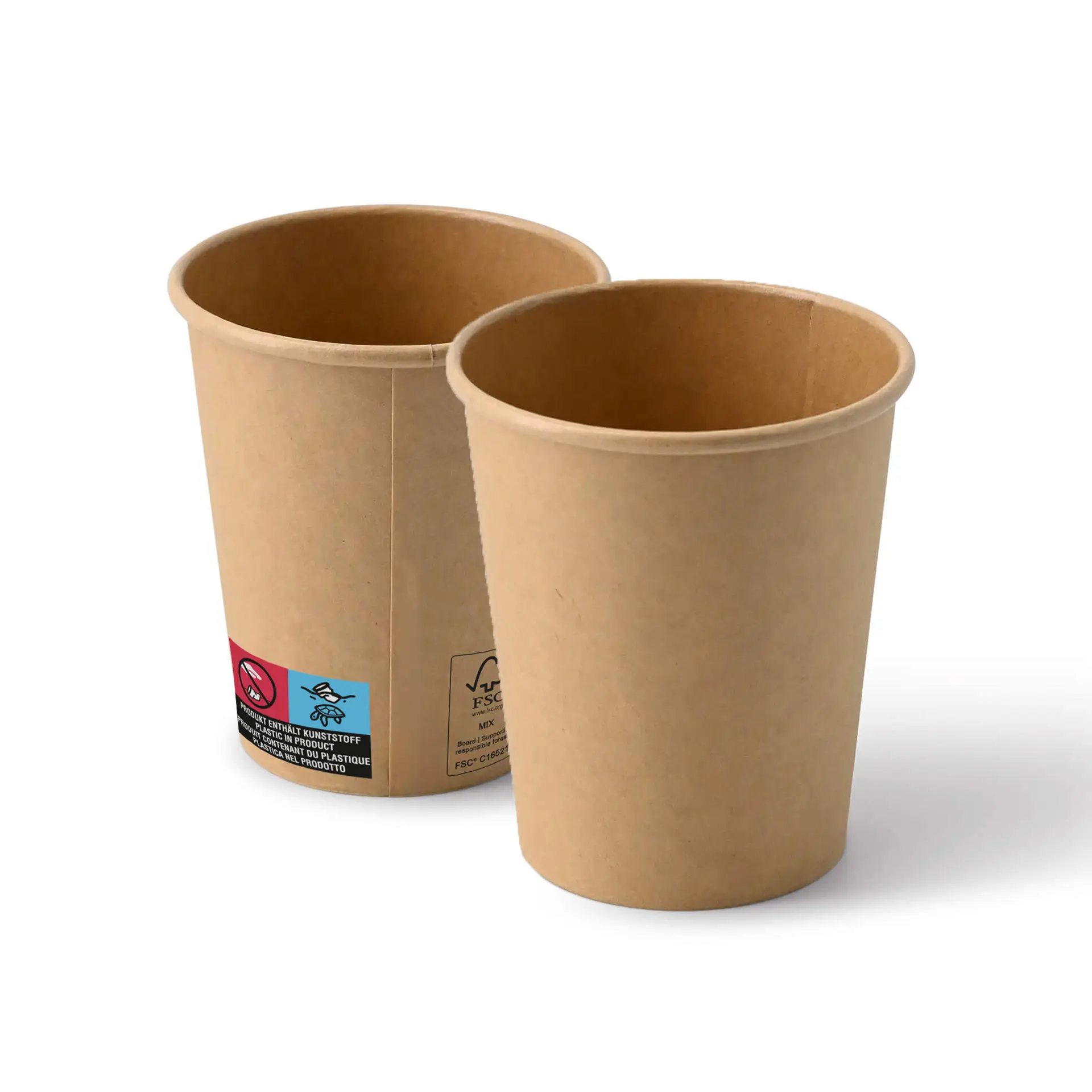 Gobelets en papier brun, taille 8 oz, avec revêtement PE ; affichage de deux gobelets, l'un légèrement derrière l'autre avec une étiquette.