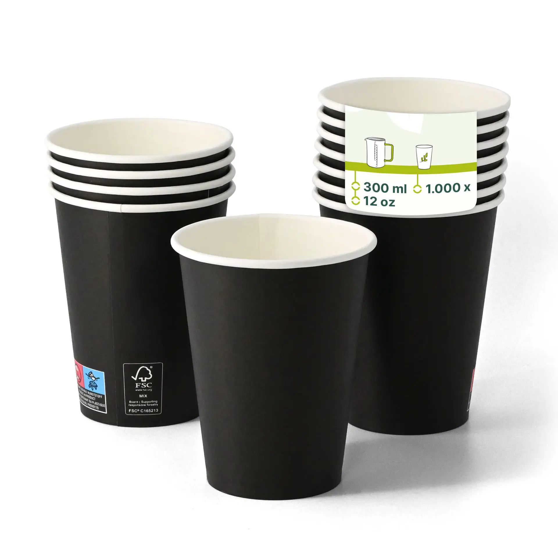 Un gobelet en papier noir de 12 oz avec intérieur blanc ; plusieurs gobelets similaires sont positionnés derrière avec opacité réduite.