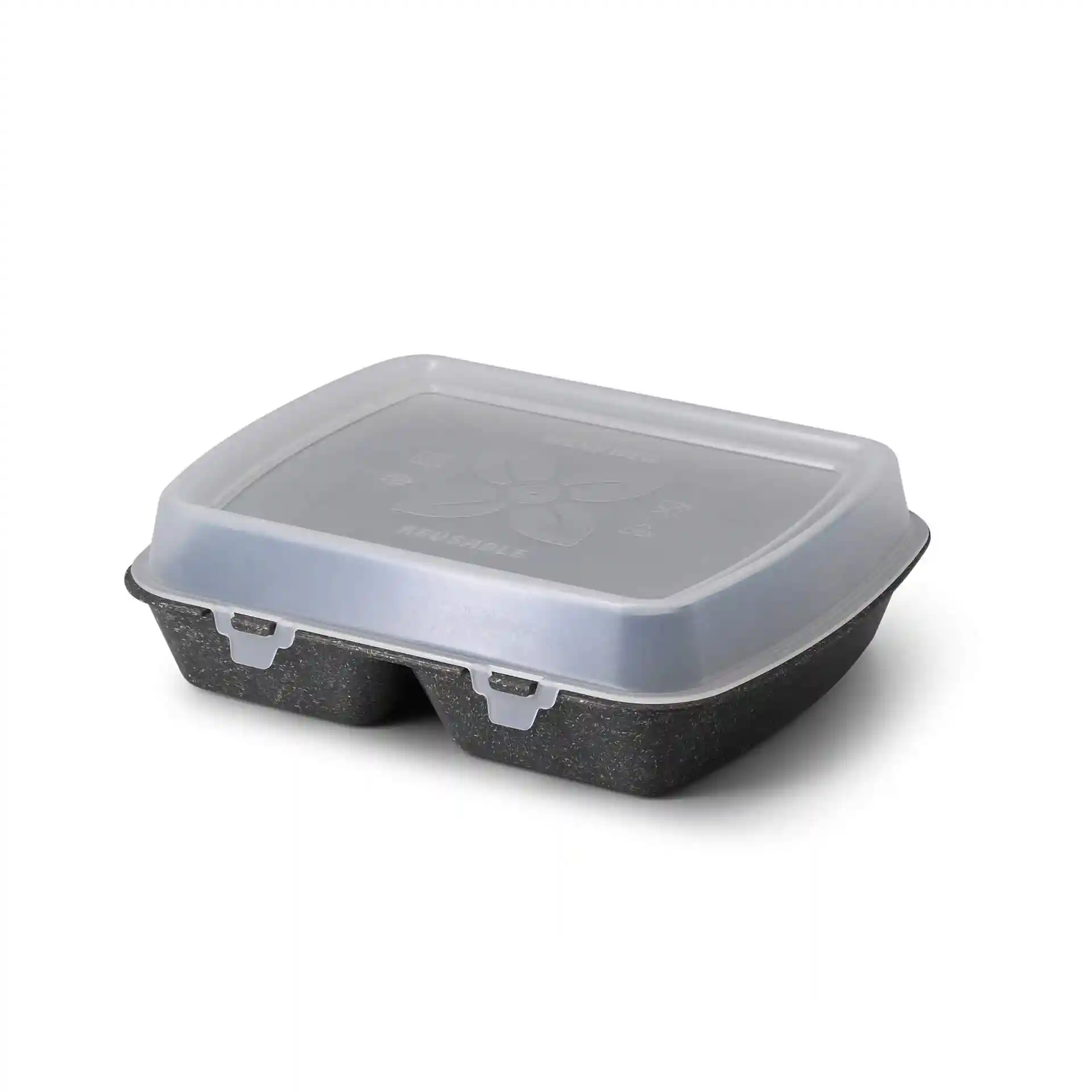 Conteneur de repas réutilisable avec deux compartiments, couleur grise, dimensions 24,5 x 20 x 4,5 cm, avec un couvercle transparent.