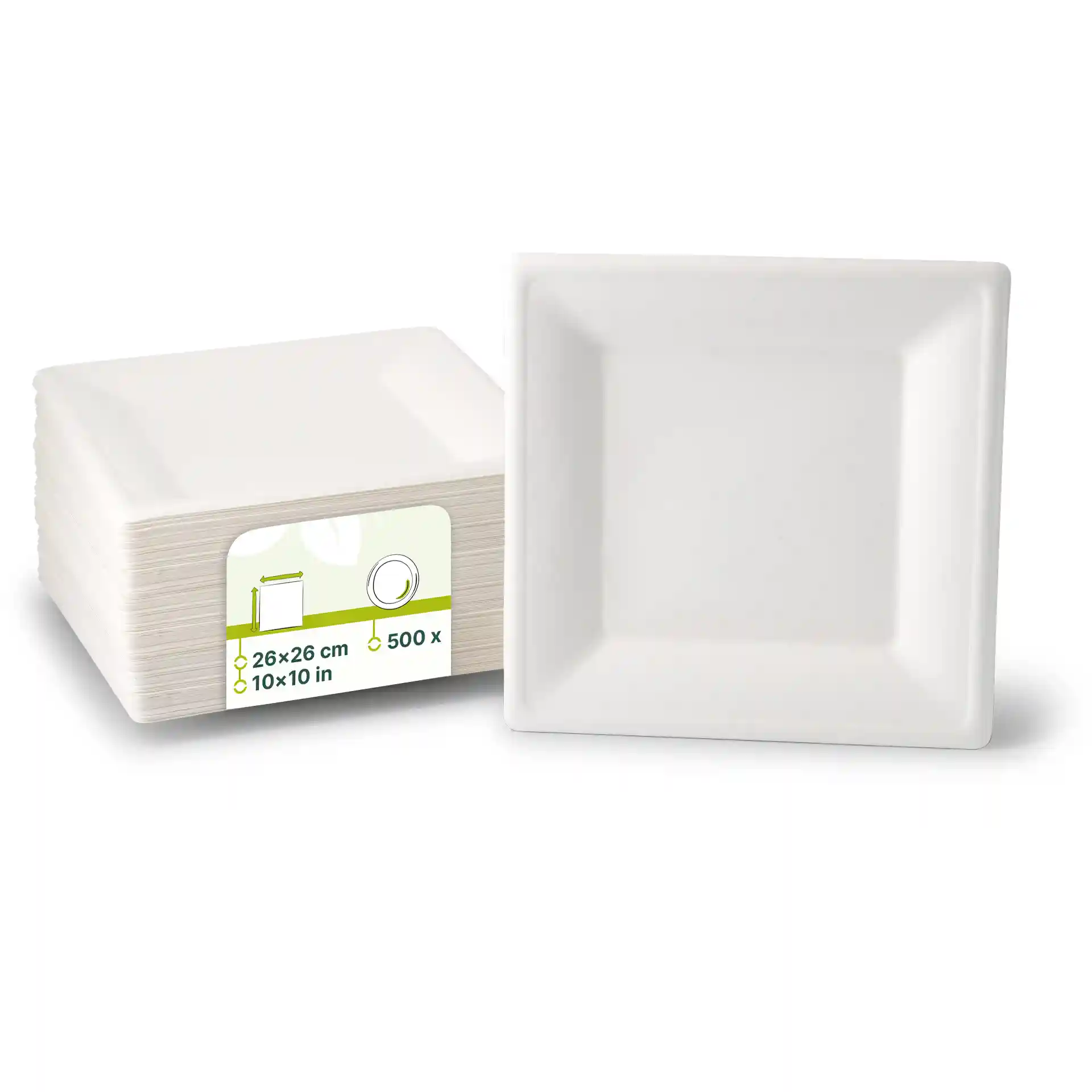 Empilement d'assiettes carrées en canne à sucre blanches, mesurant chacune 26 x 26 cm, avec une assiette présentée debout.