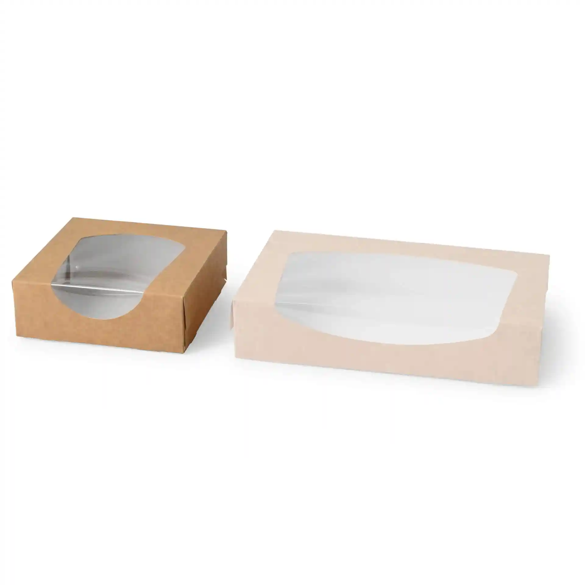 Deux boîtes en carton rectangulaires, une brune et une blanche, avec des fenêtres transparentes.