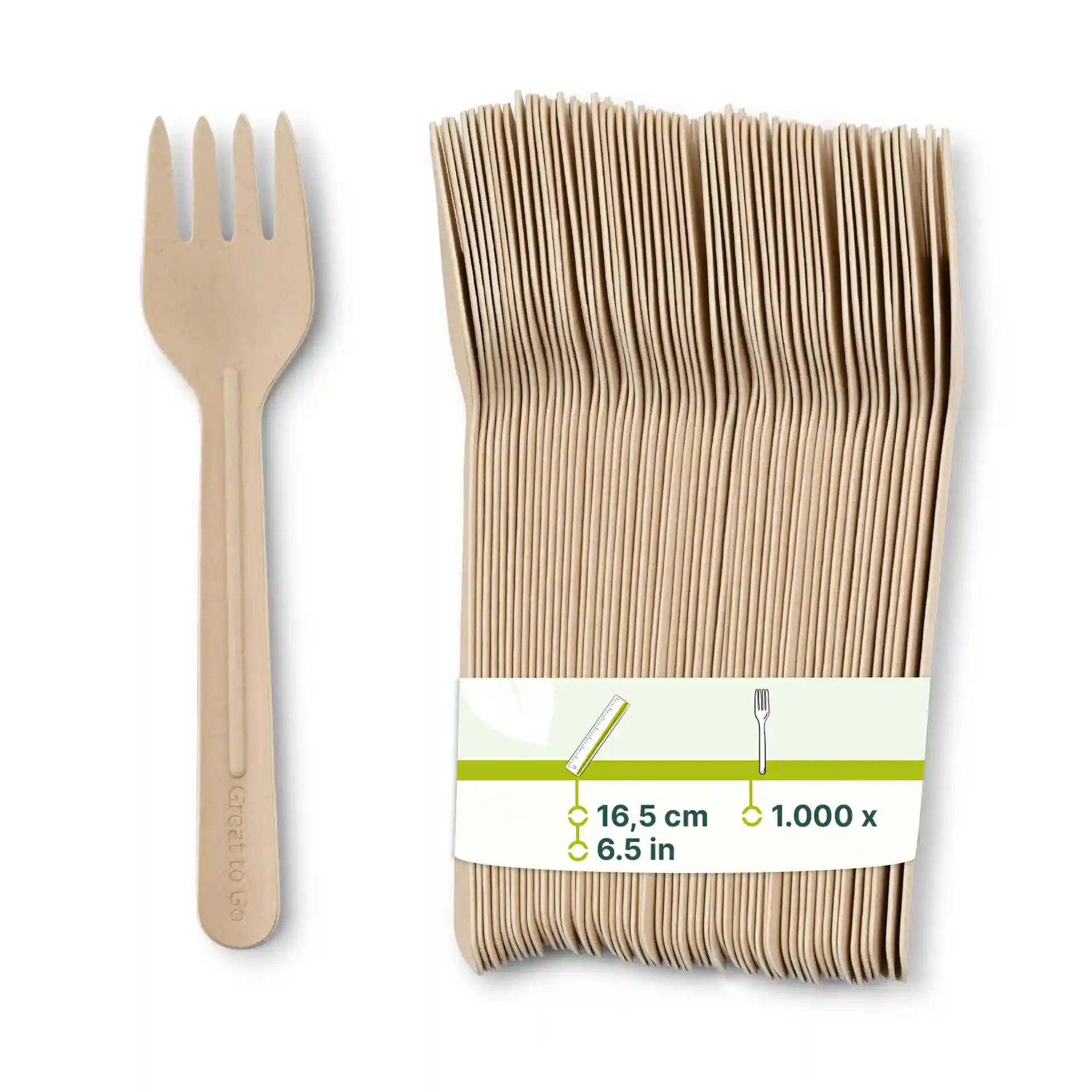Fourchette en papier marron mesurant 16,5 cm, avec une pile de plusieurs fourchettes et une étiquette indiquant les dimensions.