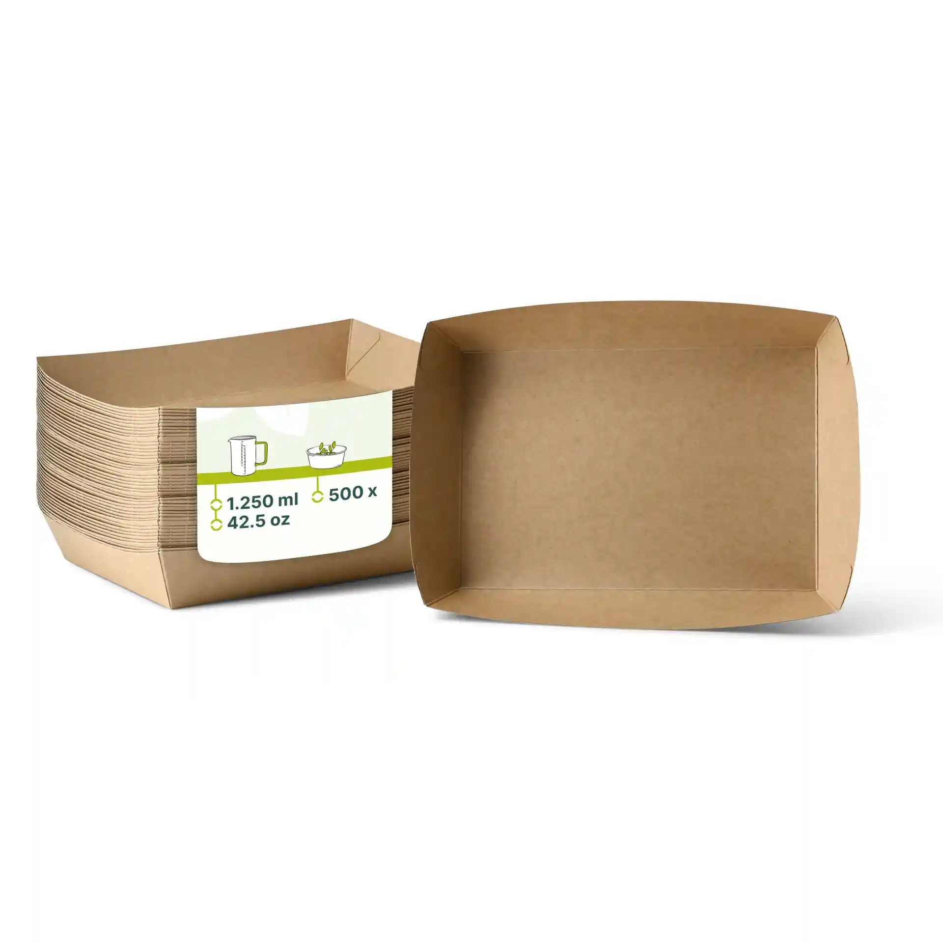 Plateaux en carton marron empilés, un plateau montré debout, avec une étiquette indiquant une capacité de 1250 ml et des dimensions.