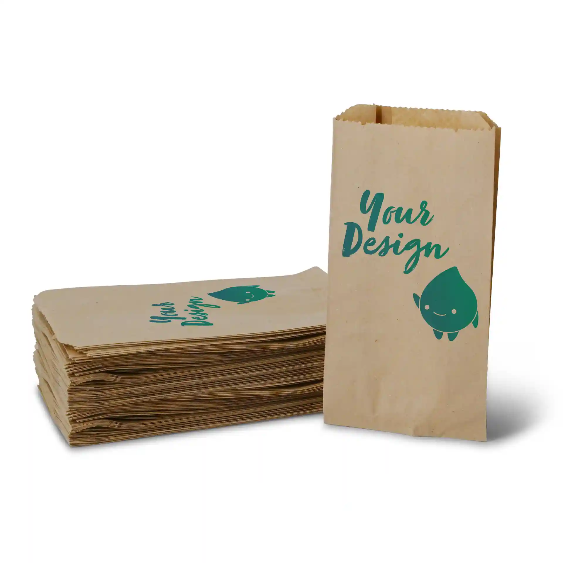 Sacs à pain en carton brun avec un design personnalisable, un sac debout et plusieurs empilés derrière.