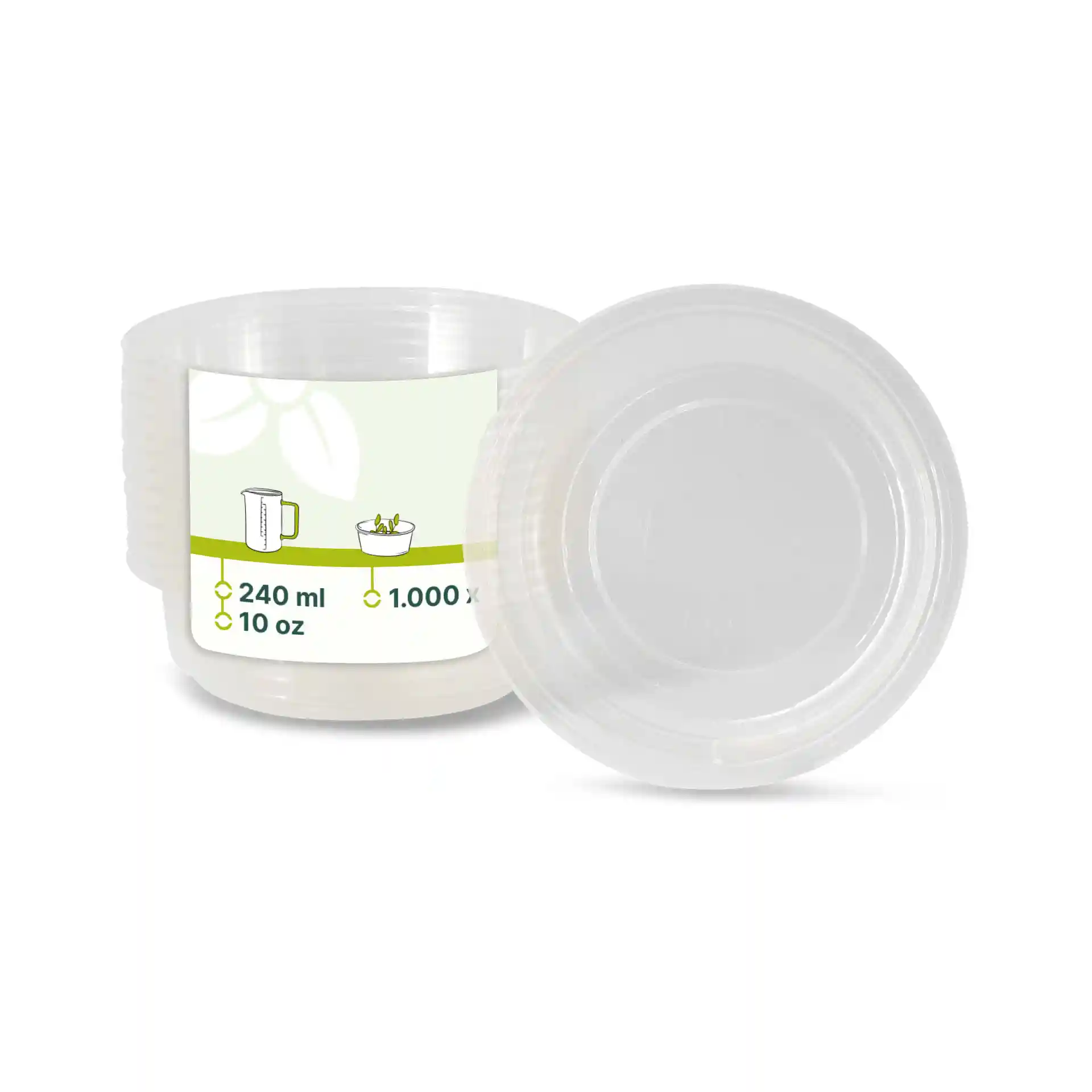 Conteneur rond transparent de 240 ml, montrant le couvercle et une étiquette avec des repères de volume.