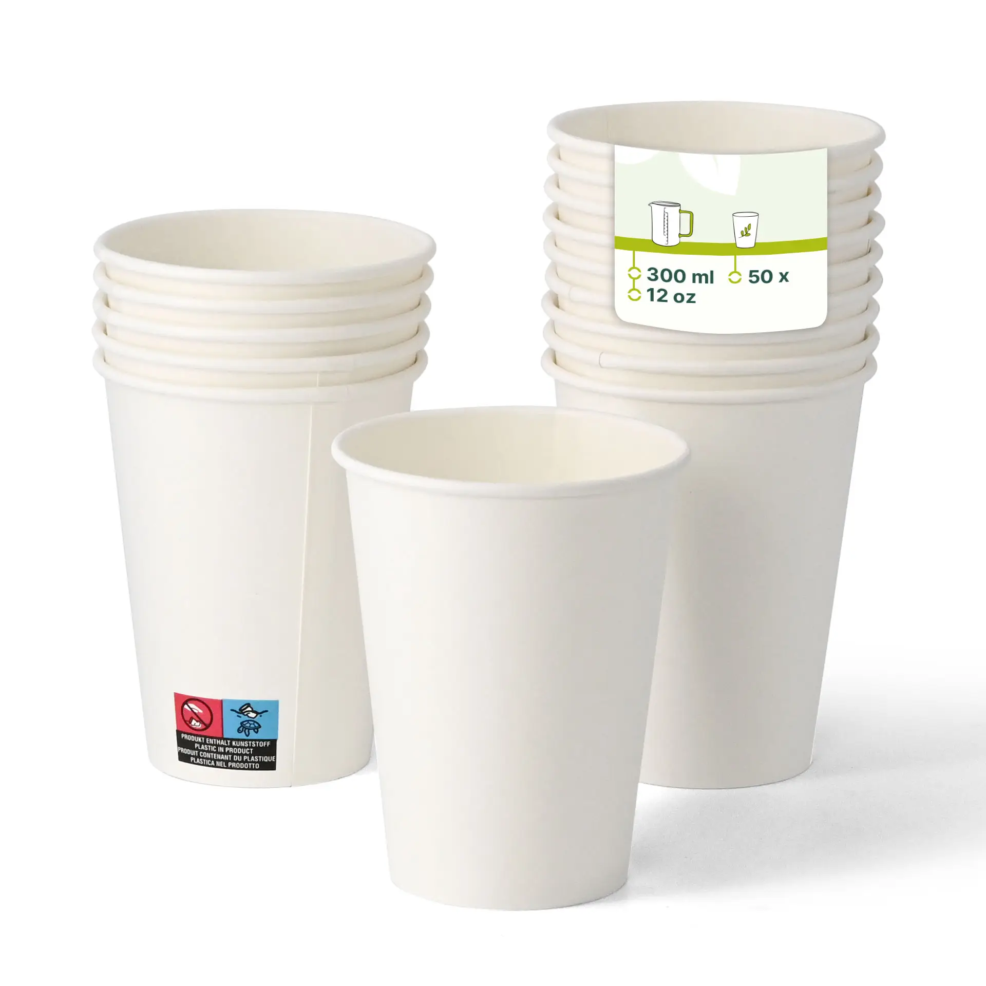 Gobelets en papier blancs empilés, avec un gobelet devant affichant une étiquette indiquant une capacité de 300 ml.
