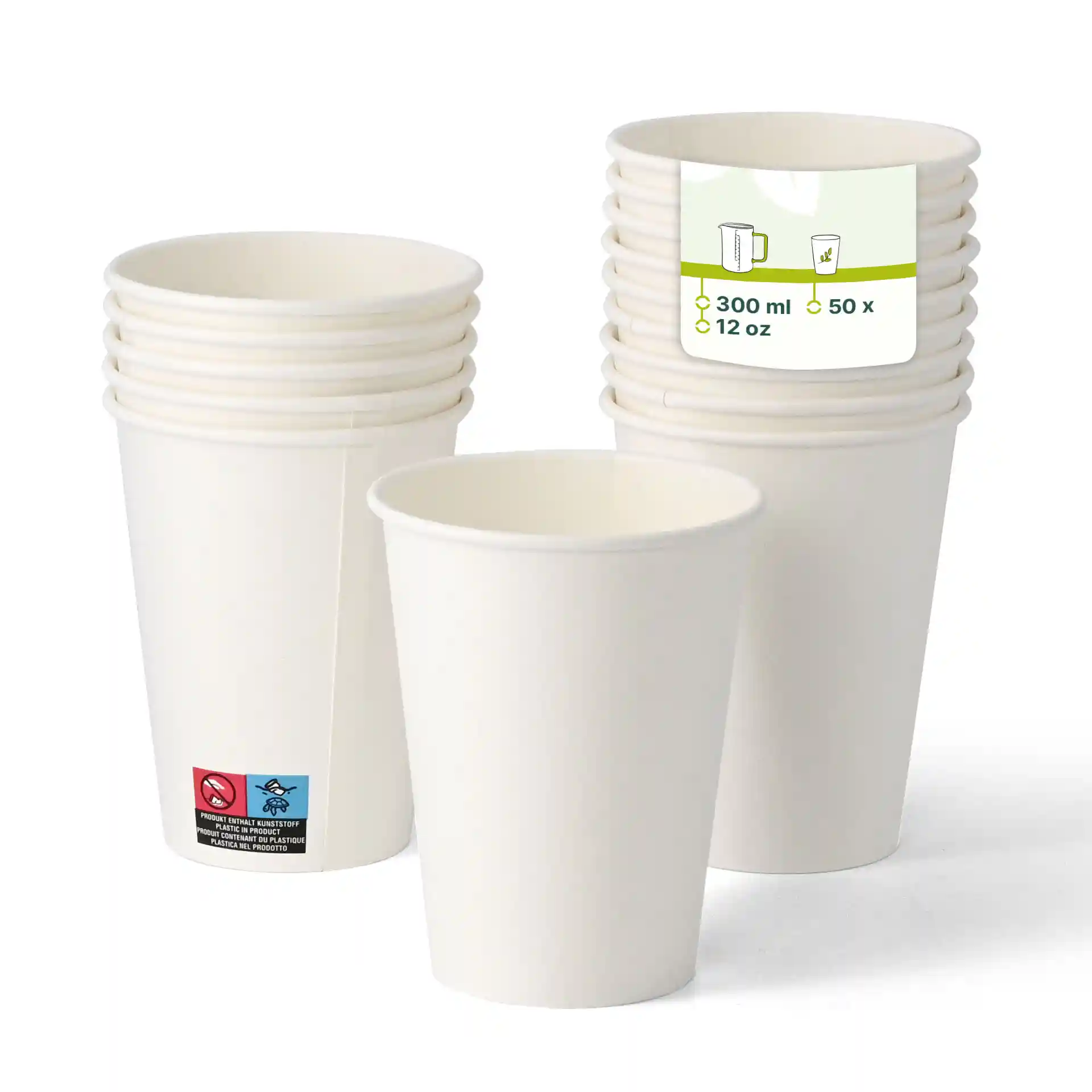 Gobelets en papier blancs empilés, avec un gobelet devant affichant une étiquette indiquant une capacité de 300 ml.