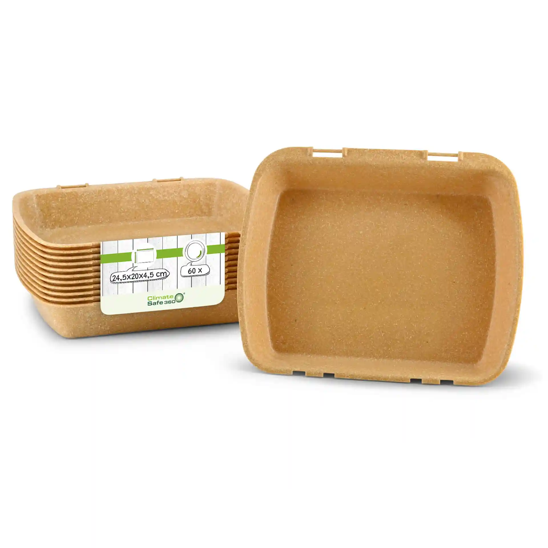 Conteneurs de menu réutilisables rectangulaires marron empilés, un conteneur montre une étiquette et des dimensions de 24,5 x 20 x 4,5 cm.