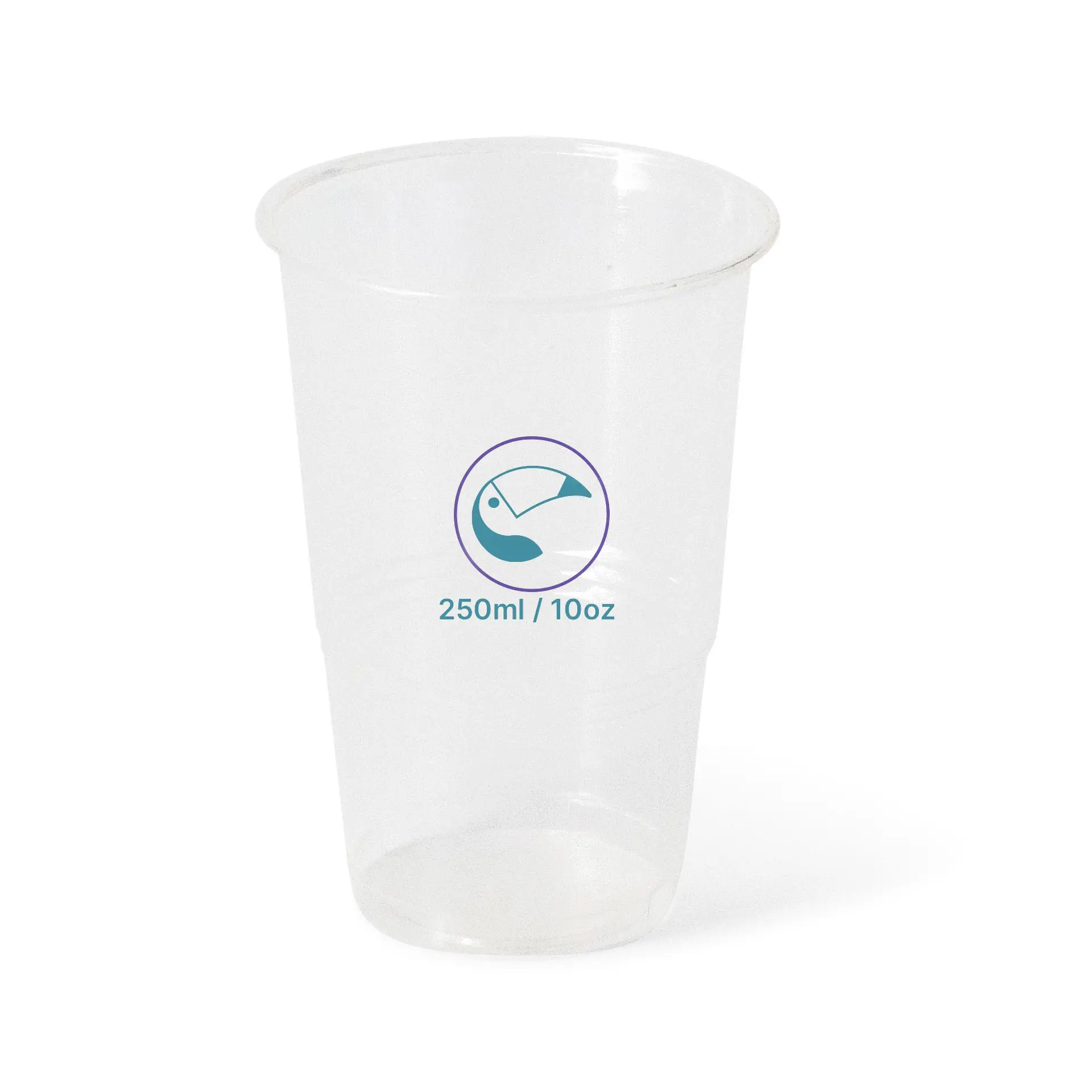 Gobelet rPET transparent de 10 oz pour boissons froides, avec un symbole logo et des mesures sur le côté.