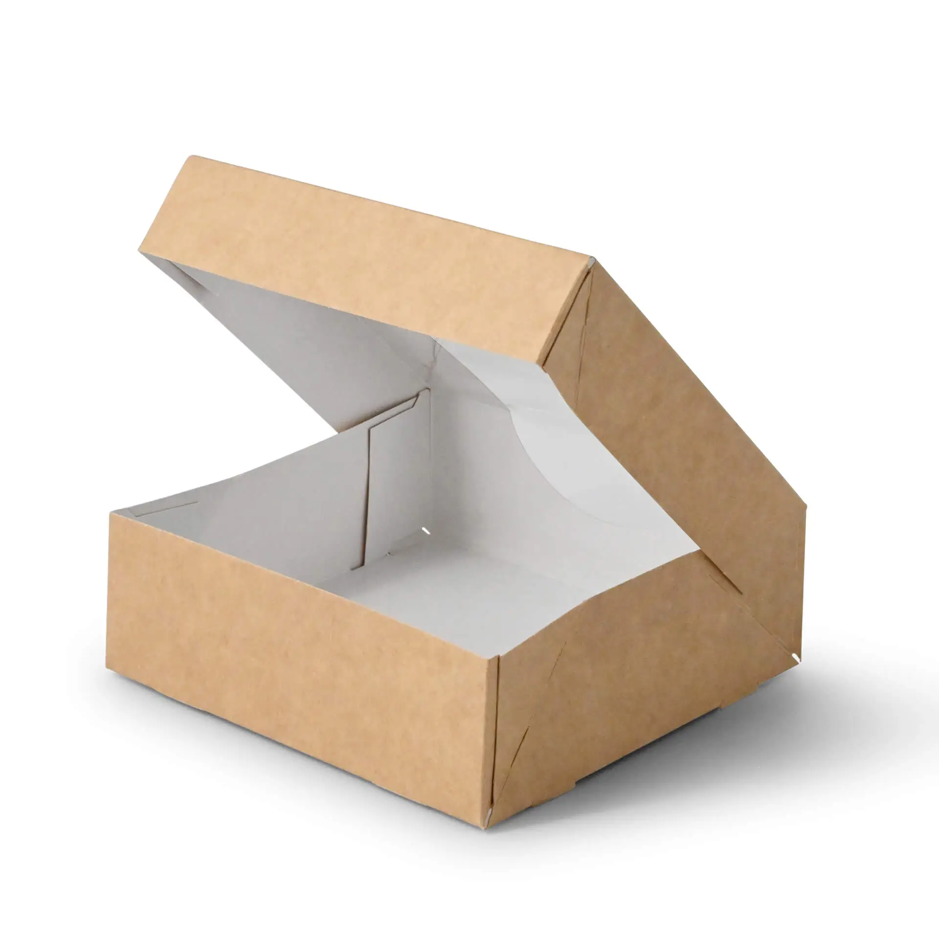 Boîte en carton marron avec un intérieur blanc, ouverte en angle, mesurant 12 x 12 x 4 cm.