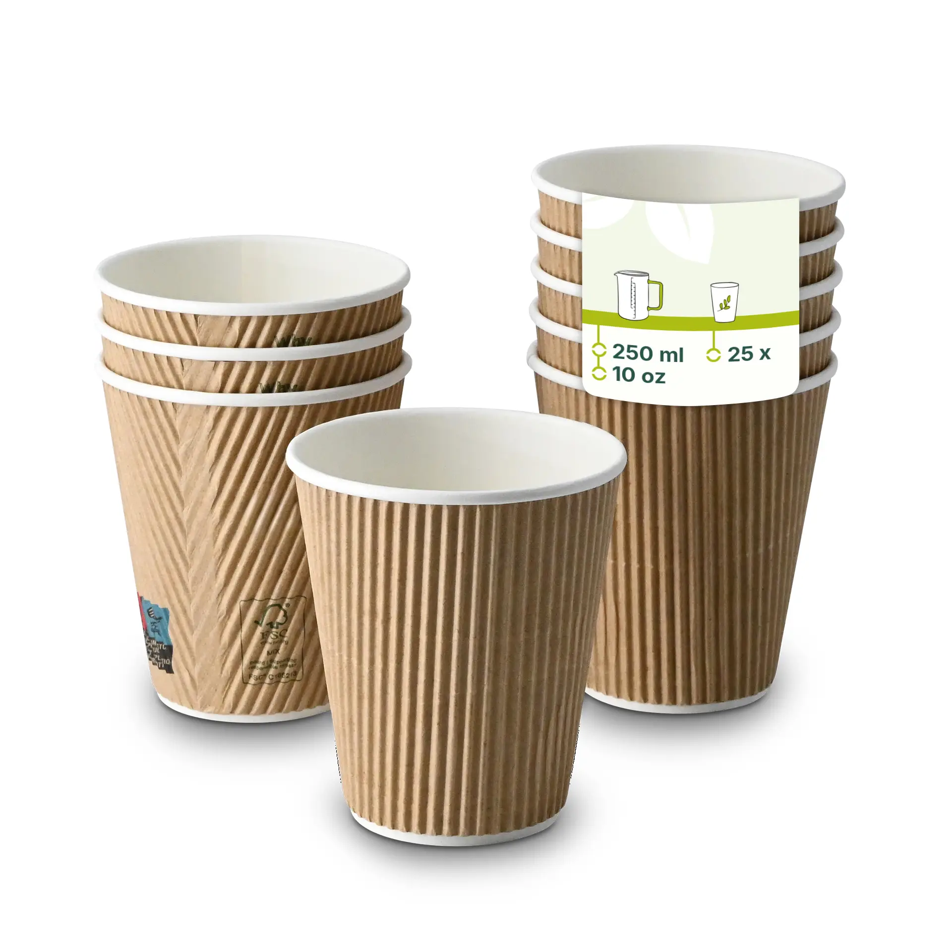 Un gobelet à café en carton ondulé de 10 oz, intérieur blanc et extérieur brun; plusieurs gobelets montrés derrière avec opacité réduite.