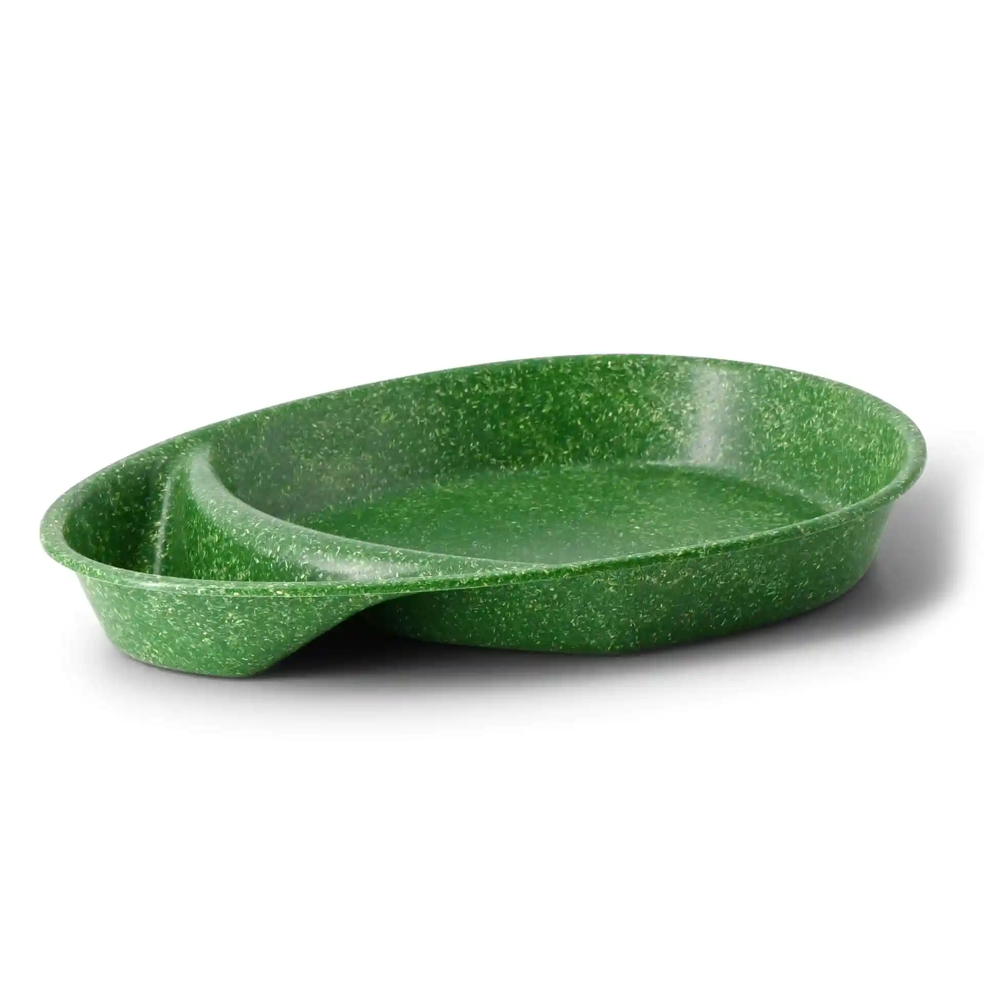 Assiette verte divisée avec deux compartiments, en forme de goutte, mesurant 27,5 × 20 cm.