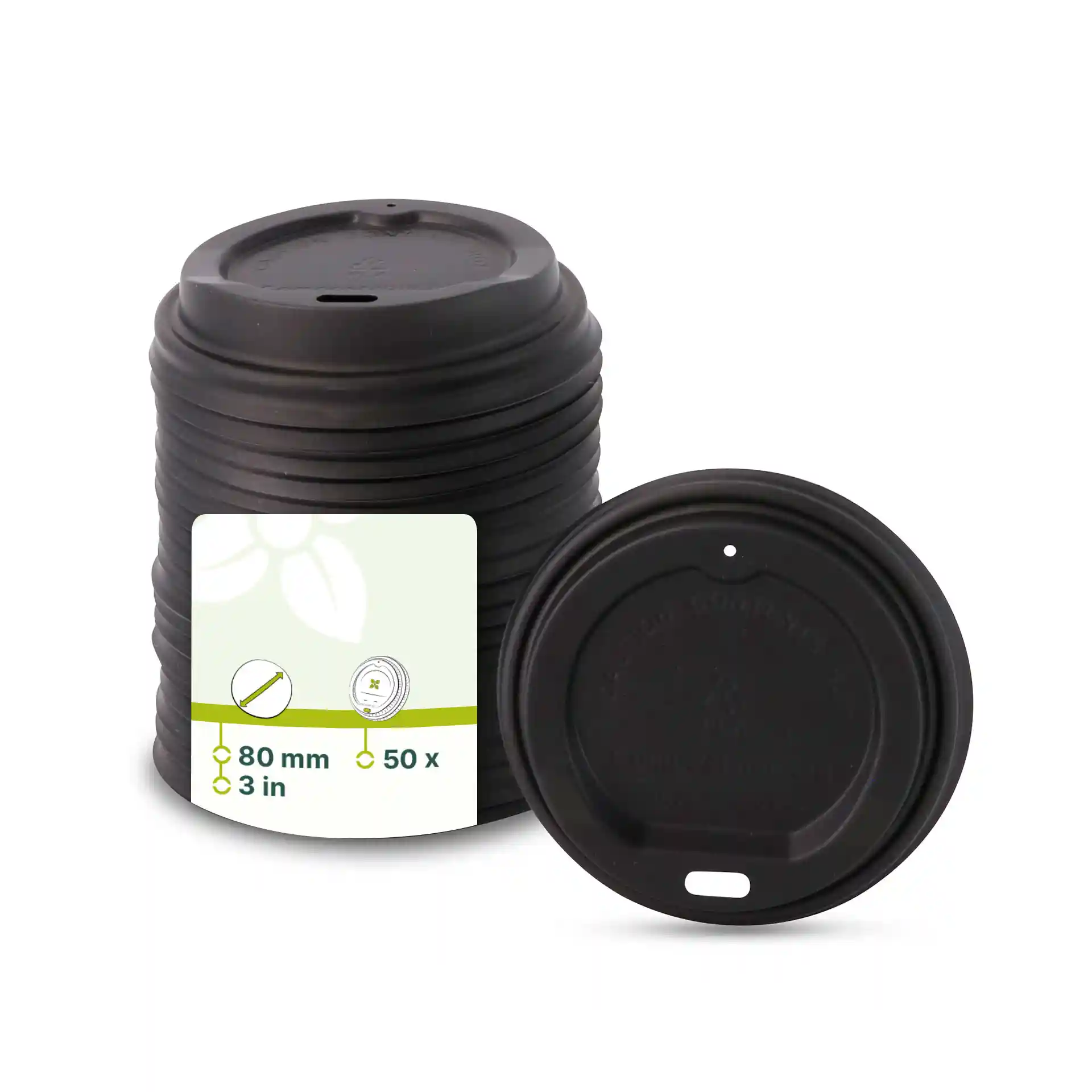 Couvercle en CPLA noir avec trou de boisson, diamètre de 80 mm, empilé avec une étiquette visible montrant les détails du produit.