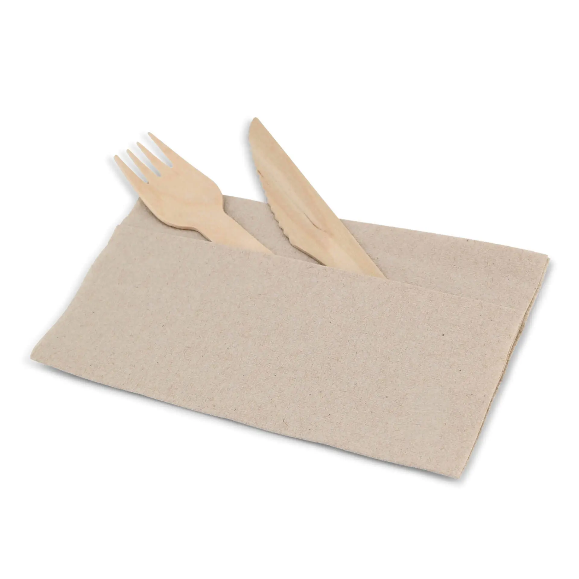 Ensemble de couverts dans un support en papier non blanchi avec une fourchette et un couteau, avec un symbole de recyclage.