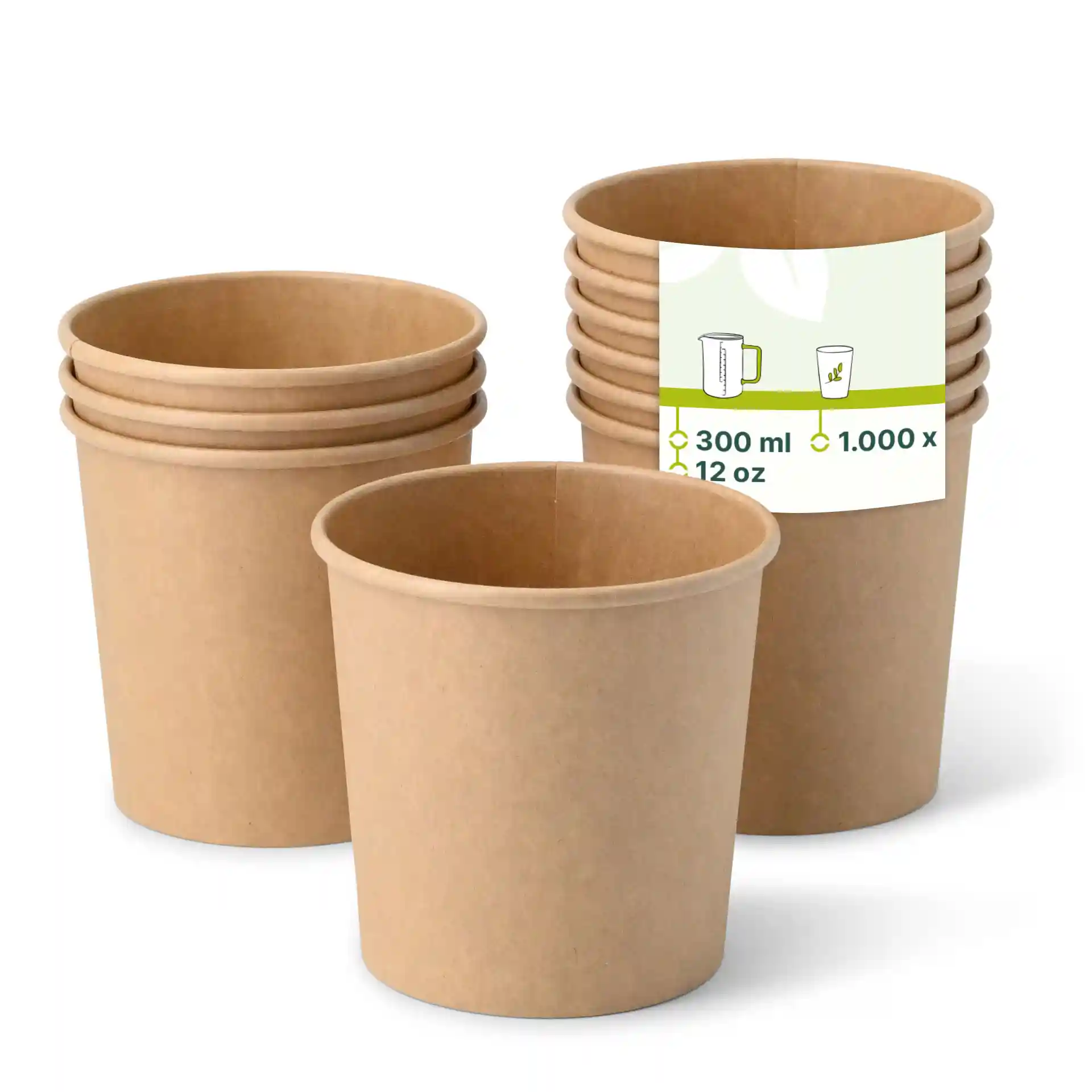 Tubs en papier brun pour glace, forme ronde, capacité de 12 oz, plusieurs empilés et un devant.