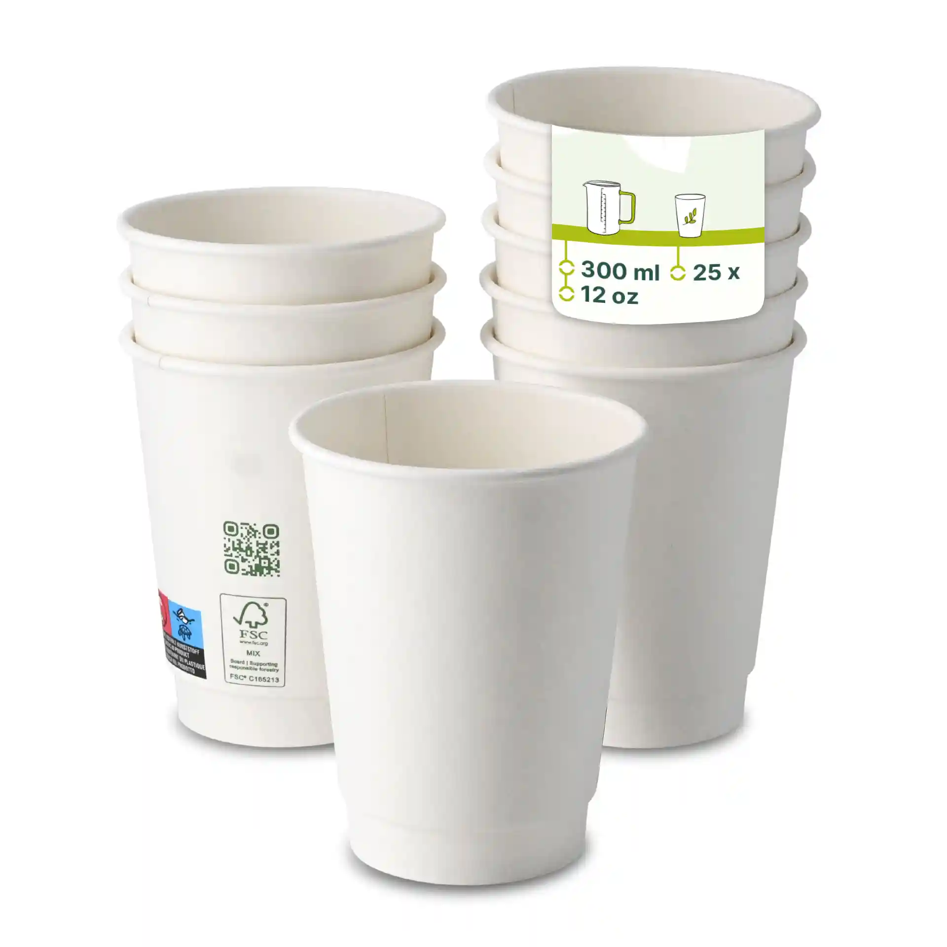 Tasse à café blanche à double paroi, 300 ml, 12 oz, avec plusieurs tasses empilées et une étiquette indiquant les mesures.