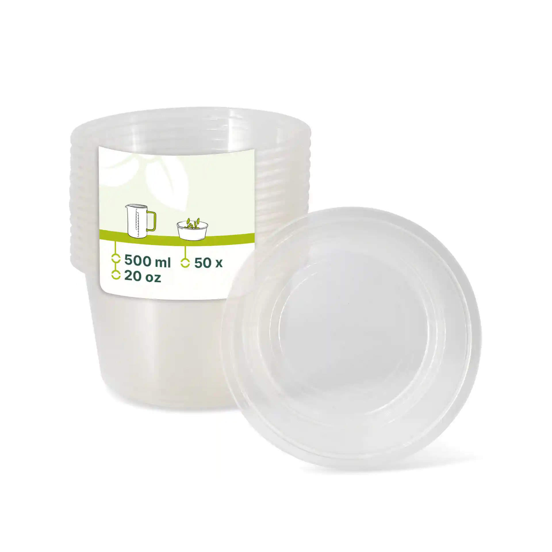 Conteneur rond transparent pour charcuterie de 500 ml de capacité et 121 mm de diamètre, empilé sur le côté.