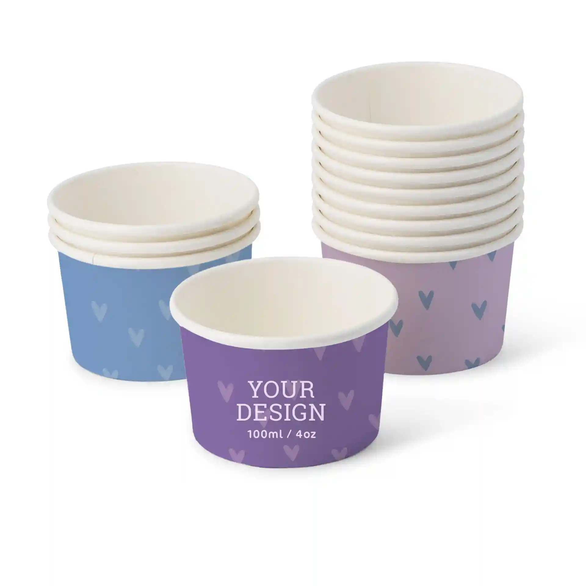 Coupes en carton rondes pour glace en bleu et violet avec des motifs de cœur, une coupe montrée avec une étiquette de design.