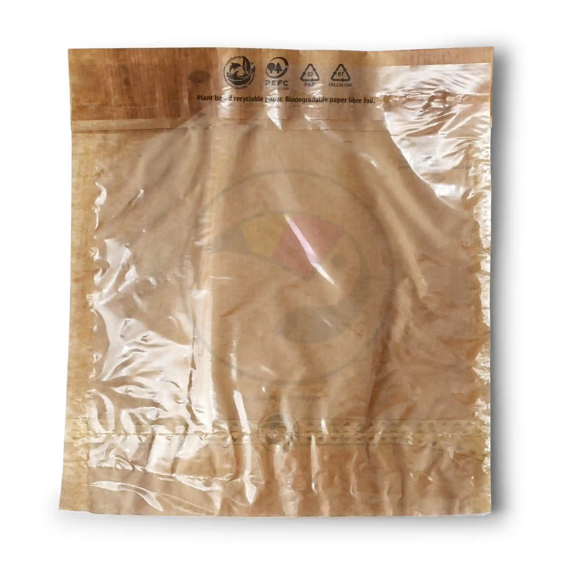 Sac à collation transparent avec fond en papier brun, fenêtre et fermeture adhésive, mesurant 17,5 x 20 cm.
